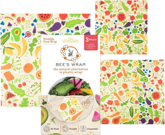 Bee's Wrap Beeswax Wraps for Food - Made in USA Reusable & Organic Food Wraps, Sandwich Wrap & Bowl Covers - Eco-Friendly Alternative to Aluminum Foil & Plastic Wrap, Fresh Fruit 3 Pack (S, M, L)