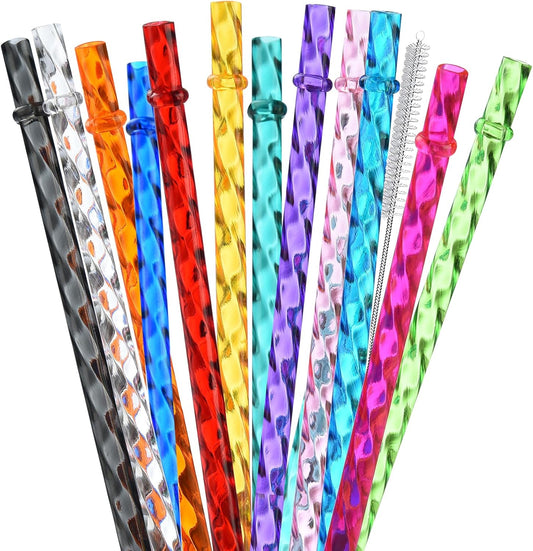 ALINK 12-Pack Reusable Plastic Clear Swirl Straws, 13" Extra Long Colorful Hard Plastic Replacement Straws for 16 OZ 20 OZ 30 OZ Stanley, YETI, Starbucks, Owala Tumblers with Straw Brush