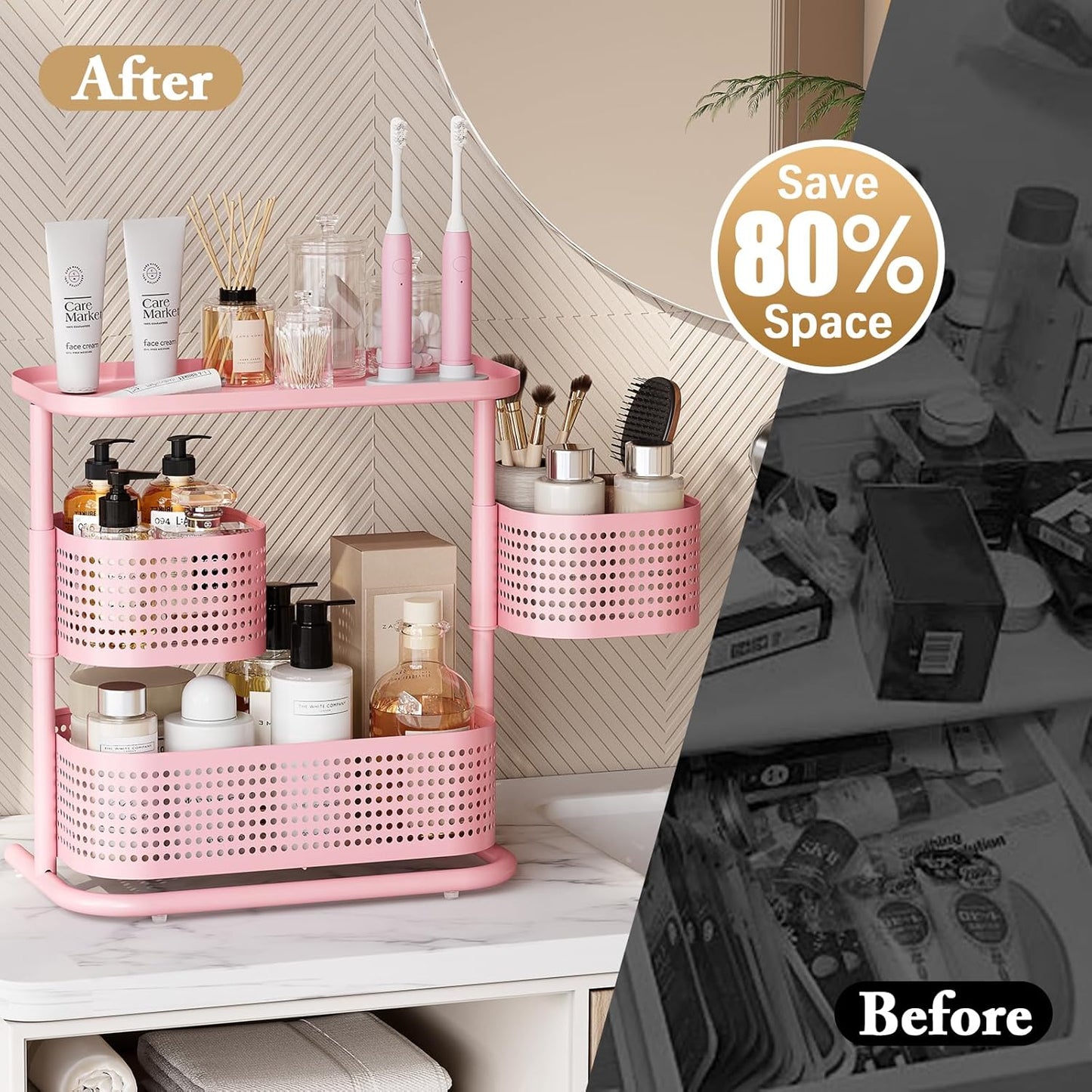 KINGRACK 3 Tier Bathroom Organizer Countertop, Multi-Purpose Makeup Organizer, Rotating Desktop Skincare Organizer, Vanity Tray Standing Rack for Bathroom, Pink
