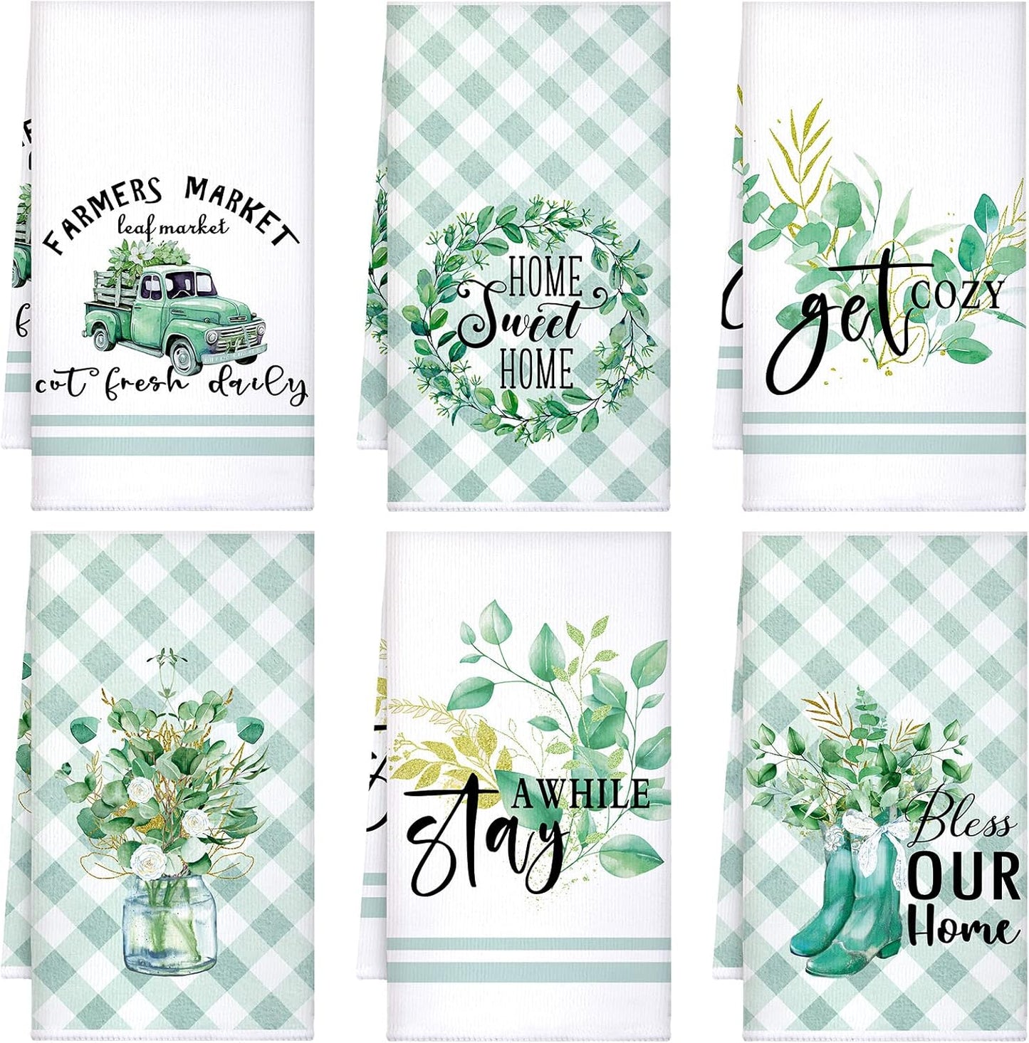 Set of 6 Eucalyptus Kitchen Towels Green Leaves Dishtowels Absorbent Spring Summer Hand Tea Towels 24 x 16 Inch Eucalyptus Lover Gifts Holiday Wedding Gifts for Farmhouse Kitchen Bathroom Decor