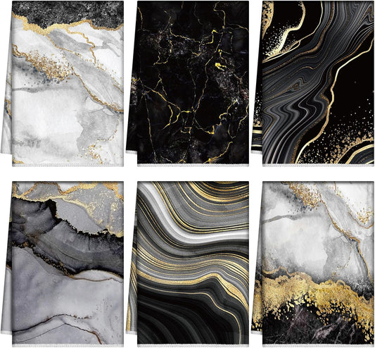 Boyiee Set of 6 Marble Kitchen Towels Gold Black Marble Tea Dish Towels 24 x 16 Inches Modern Absorbent Hand Washcloths Housewarming Gifts for Farmhouse Kitchen Bathroom Decorations