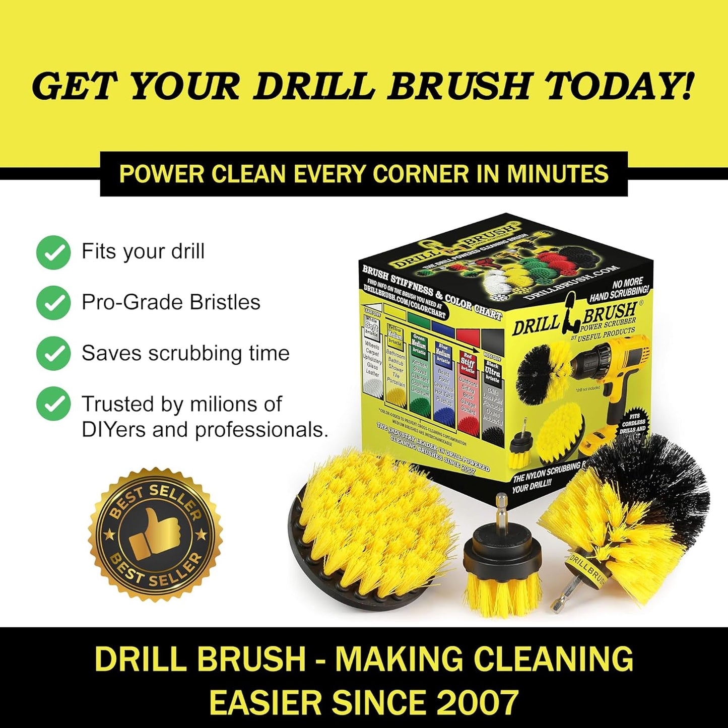 Drillbrush Drill Brush Attachment Set for Bathroom Cleaning – Power Scrubber Brush Kit for Tub, Tile, Shower, and Grout – All-Purpose Household Cleaning Brushes for Drill - Electric Grout Cleaner Kit