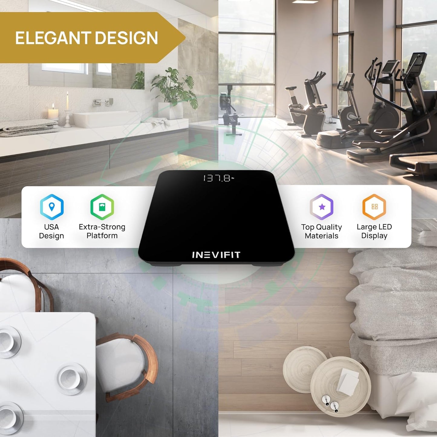INEVIFIT Smart Bathroom Scale, Highly Accurate Bluetooth Digital Bathroom Body Weight Scale, Precisely Measures Weight & BMI for Unlimited Users (S-Black)