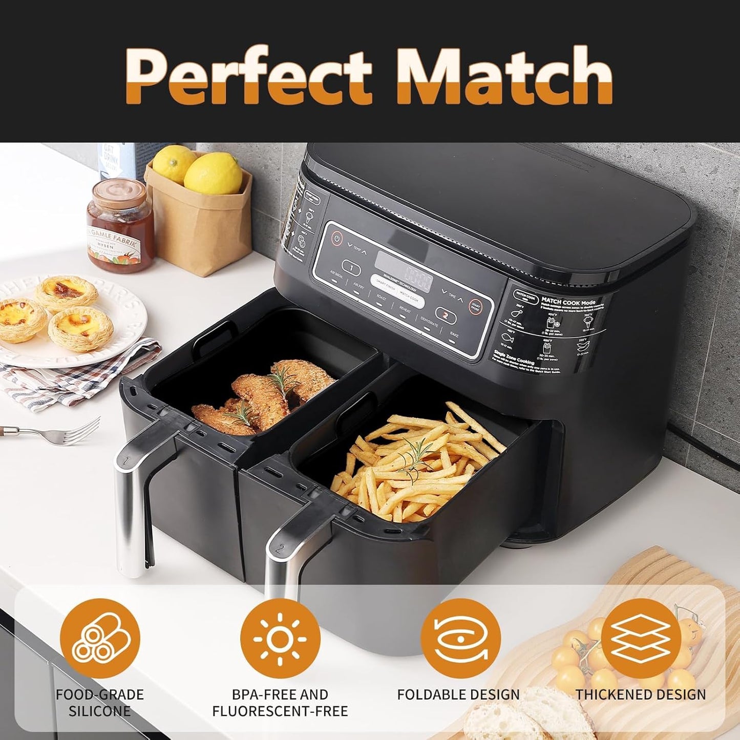 Collapsible 2-Pack Air Fryer Silicone Liners for 10QT NINJA Foodi Dual, Rectangular Air Fryer Silicone Pot, Reusable Silicone Air Fryer Basket for Air Fryer Accessories(Black)