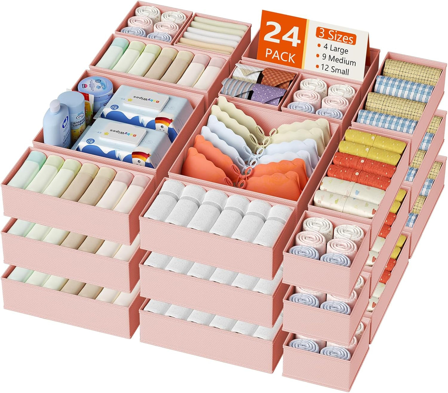 DIMJ Drawer Organizer Clothes, 24 Pack Dresser Organizer, Foldable Closet Organizers and Storage, Fabric Dresser Bins, Drawer Dividers for Nursery, Baby Clothes, Underwears, Sock (Pink)