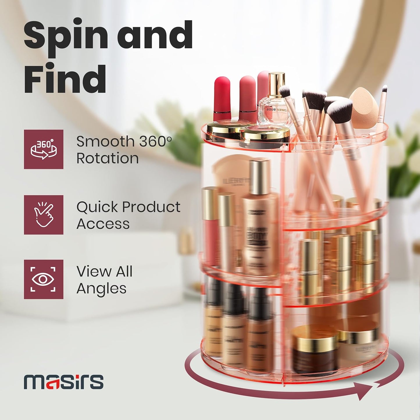 Masirs 360 Rotating Makeup Organizer - Adjustable Shelf Height and Fully Rotatable - The Perfect Round Spinning Cosmetic Organizer for Bedroom Dresser or Vanity Countertop Storage (Pink)