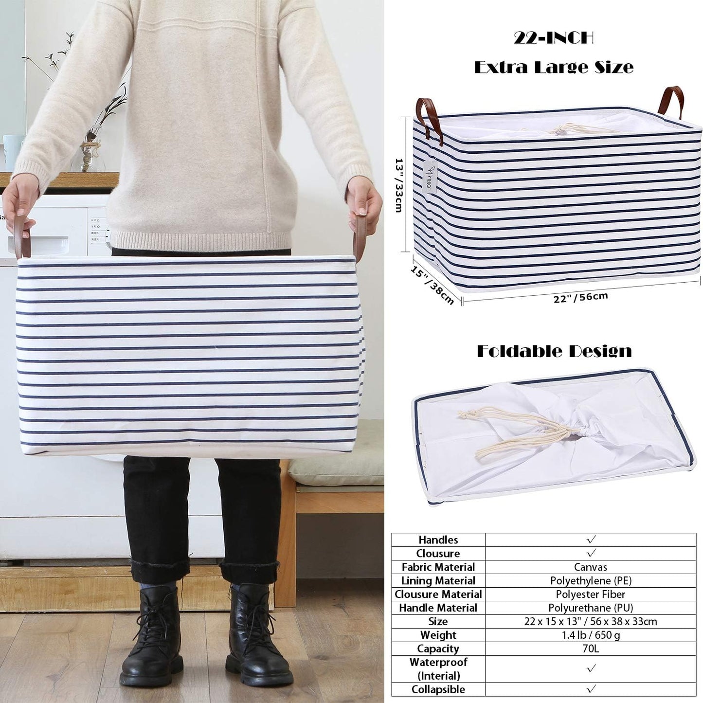 Hinwo 70L Extra Large Storage Bins, 6-Pack Closet Organizers and Storage, Foldable Clothes Storage Baskets with Handles, Containers for Clothing, Blanket, Comforters, Toys, Bedding (Navy Stripe)