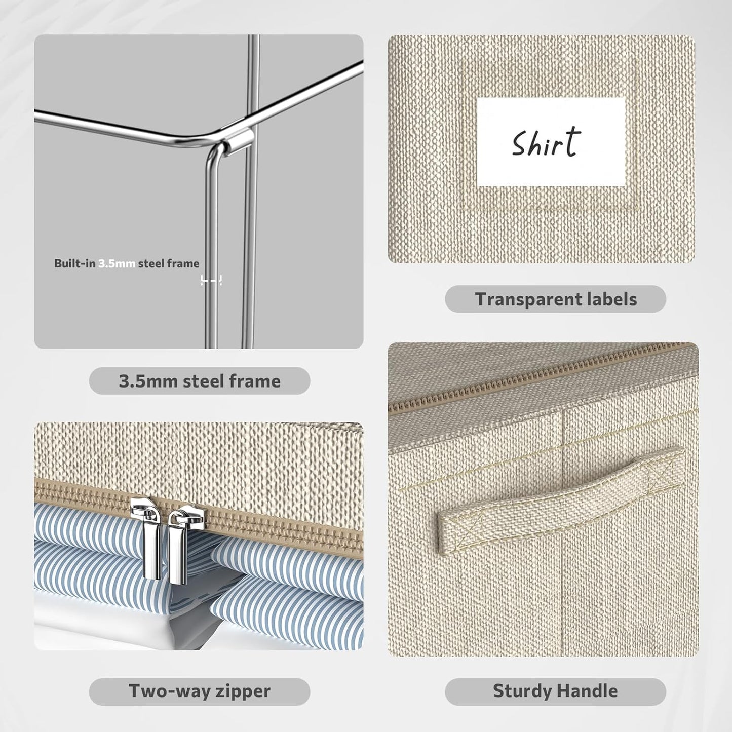 Clothes Storage Bins Box - Linen Fabric Foldable Stackable Container Organizer Set with Clear Window & Carry Handles & Metal Frame for Bedding, Blankets, Books (Beige, Medium-36L)