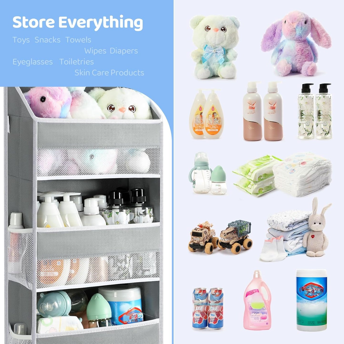 Yecaye 3 Pack Over the Door Organizer, 35.2lbs Load Toy Stuffed Animal Storage, Swing-proof Hanging Bathroom Organizers and Storage for Nursery Newborn Baby Essential Stuff Dorm Room Essentials Grey