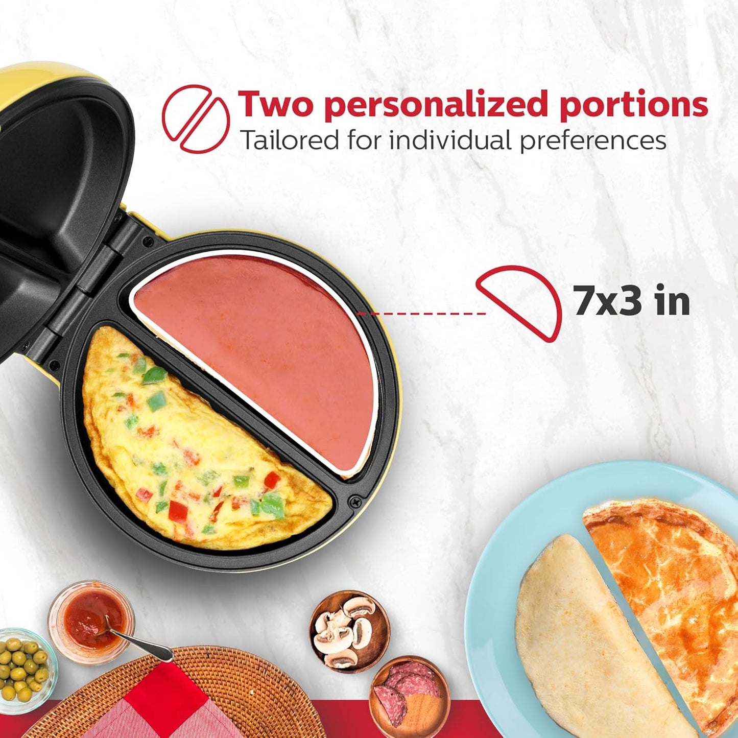 Holstein Housewares Stainless Steel 2 Section Omelet & Frittata Maker, Non Stick Coating, Easy To Clean, Indicator Lights, Compact Storage, Prepare Versatile Recipes in Minutes. 2 Portions, Yellow