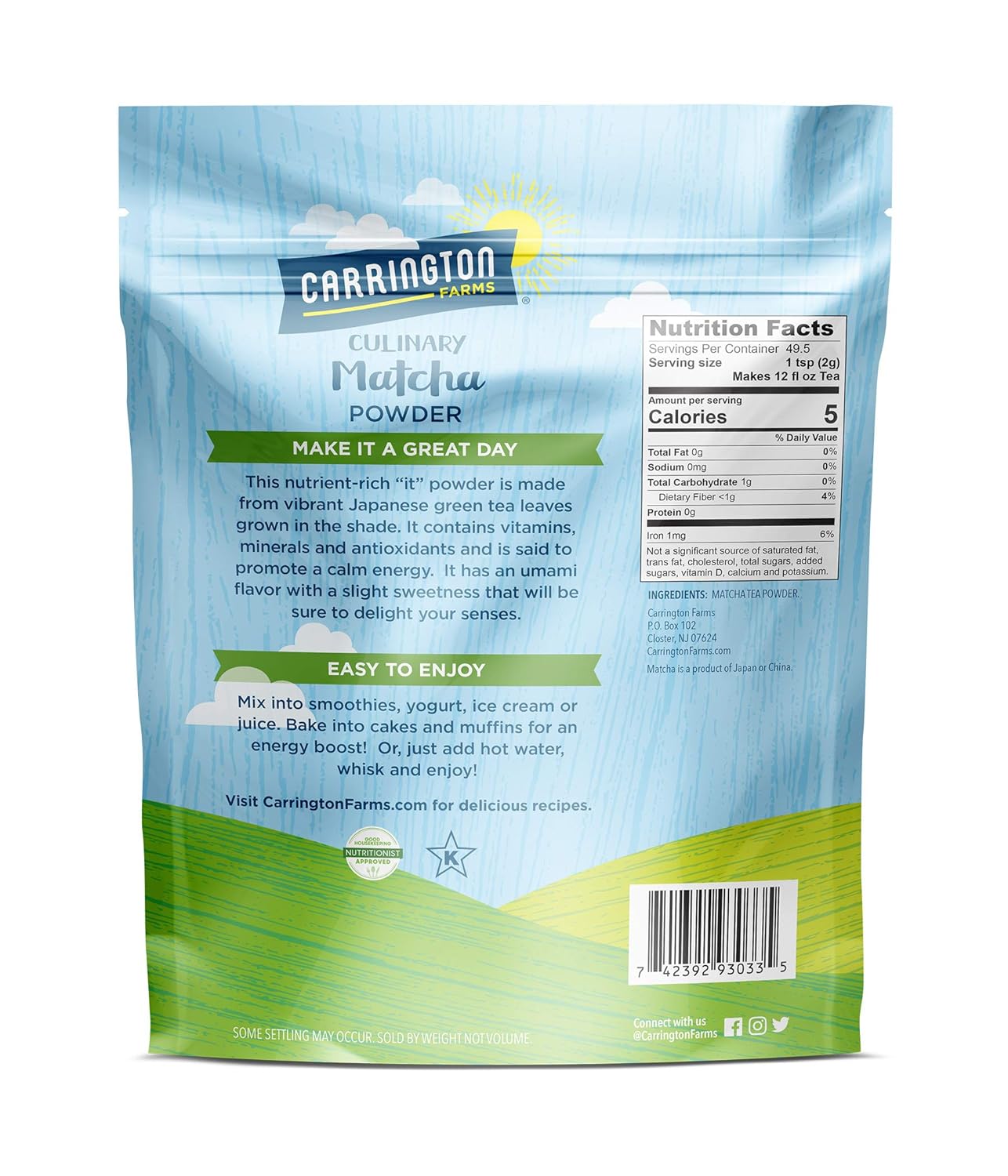 Carrington Farms – Organic Matcha Powder - Finely Milled Green Tea Leaves - Bold And Rich Flavor - Energy Booster - Low Calorie 3.5 Ounce Bag - Package May Vary (Pack of 2)