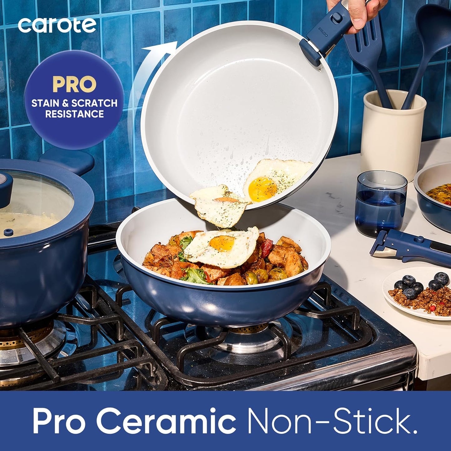 CAROTE 27pcs Ceramic Cookware Set Nonstick, Pots and Pans Set Non stick, Non Toxic Cookware, Dishwasher/Oven Safe, RV/Camping Cookware Set, Pan and Pot with Kitchen Utensils, Navy Blue