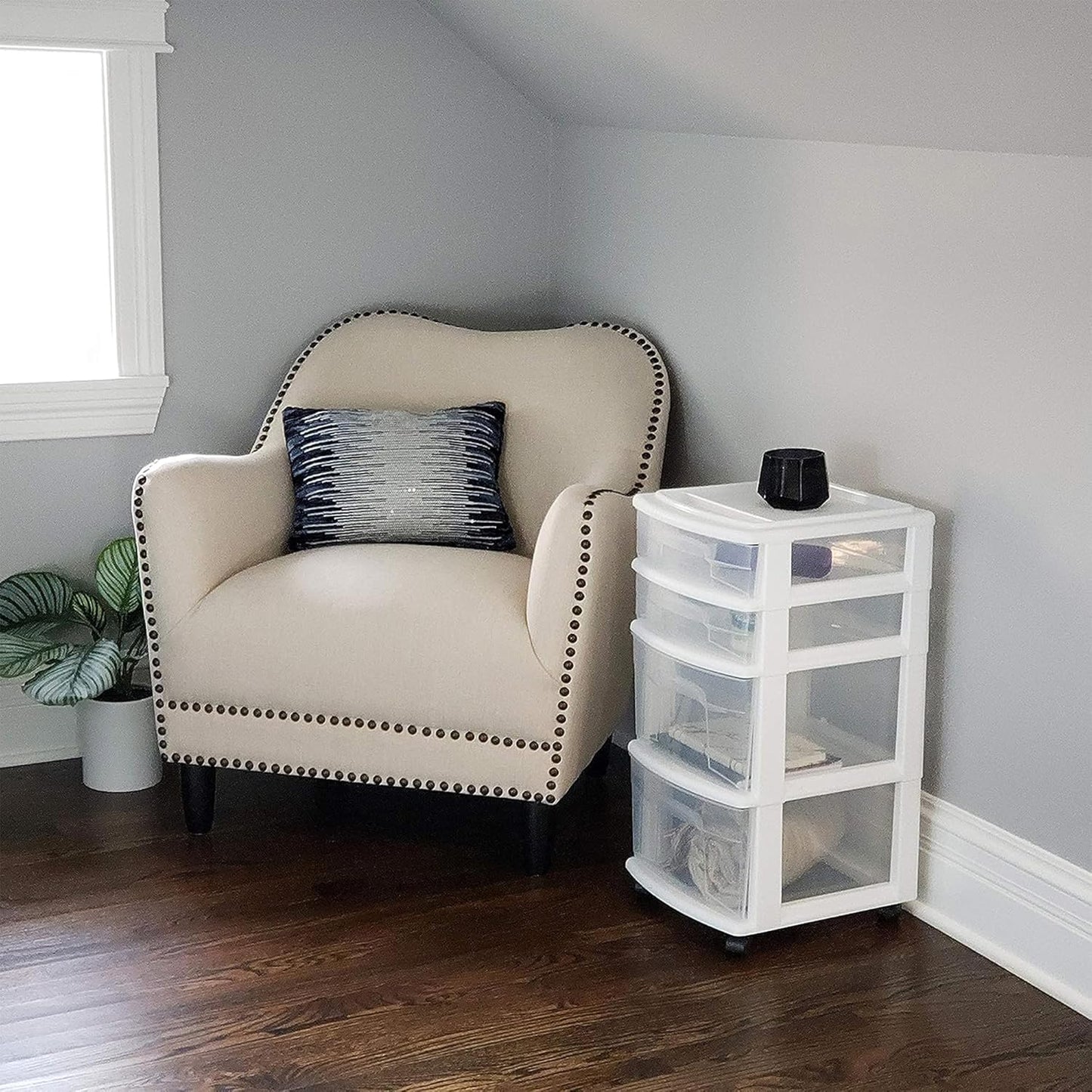 HOMZ 2-Pack Drawer Tower, 4-Tier Clear Plastic Storage Organizer Cart, White Frame - Organizing Containers with Wheels for Home, Bathroom, Bedroom, Office, and Classroom