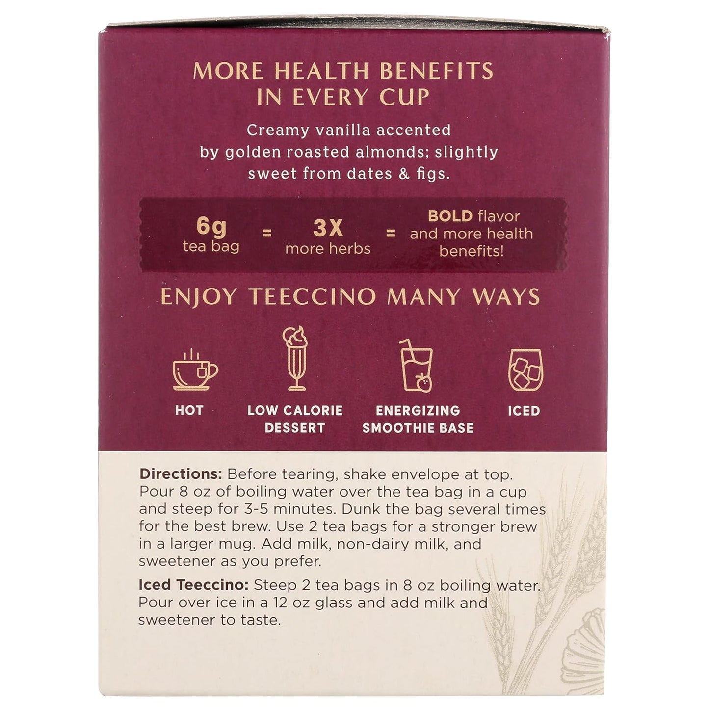 Teeccino Vanilla Nut Herbal Tea - Rich & Roasted Herbal Tea That’s Caffeine Free & Prebiotic for Natural Energy, 10 Tea Bags (Pack of 6)