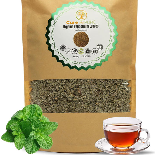 Cure Wid Pure Dried Peppermint Leaves 1lb Cut & Sifted Organic Peppermint Tea Loose Leaves,Fresh & Fragrant Mint Tea Non-Irradiated Caffeine-Free Herbal Tea - Eco-Friendly Resealable Pack te de menta