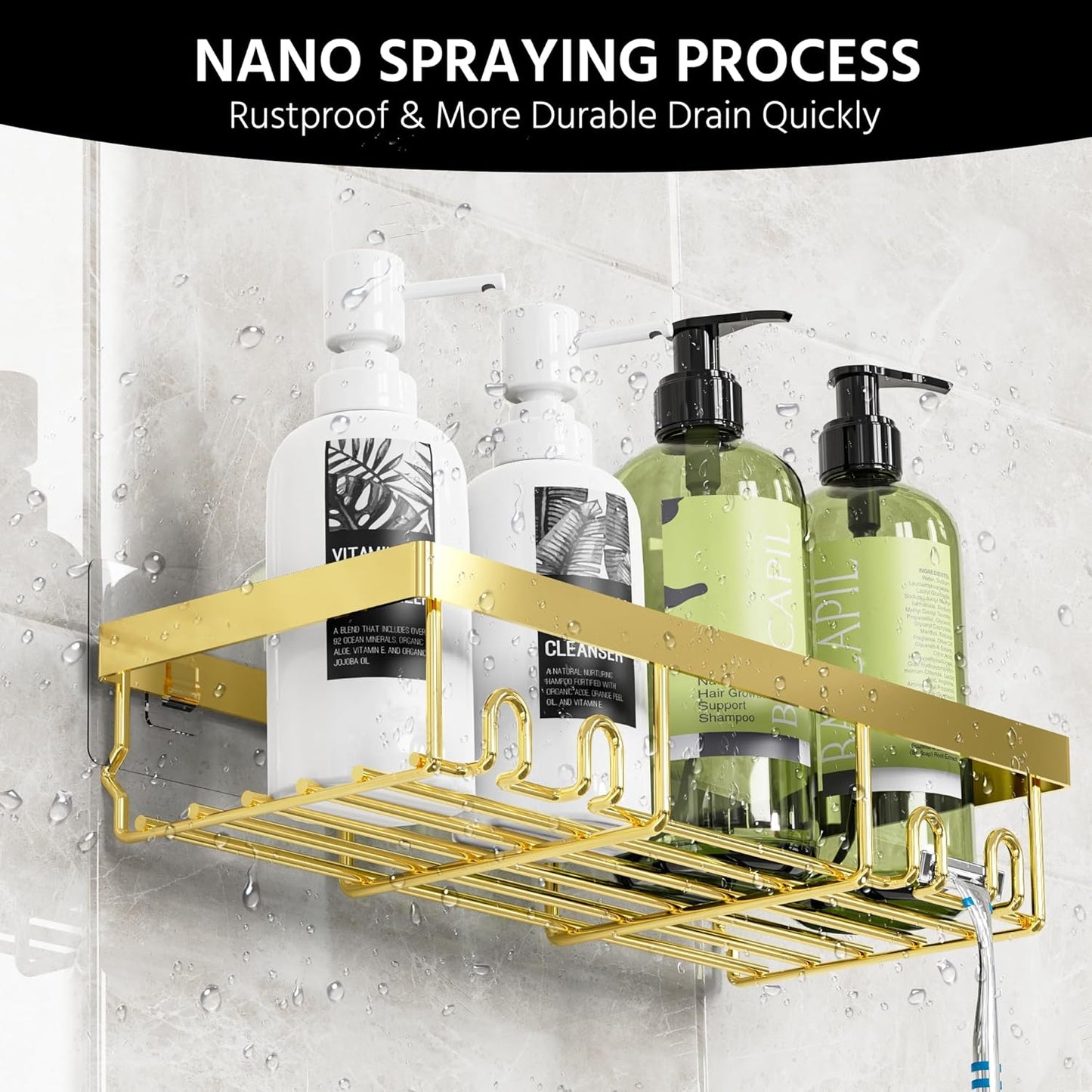 Moforoco 3-Pack Shower Caddy Basket Shelf with Soap Holder, No Drilling Traceless Adhesive Shower Wall Shelves, Rustproof Gold Bathroom Shower Storage Organizer