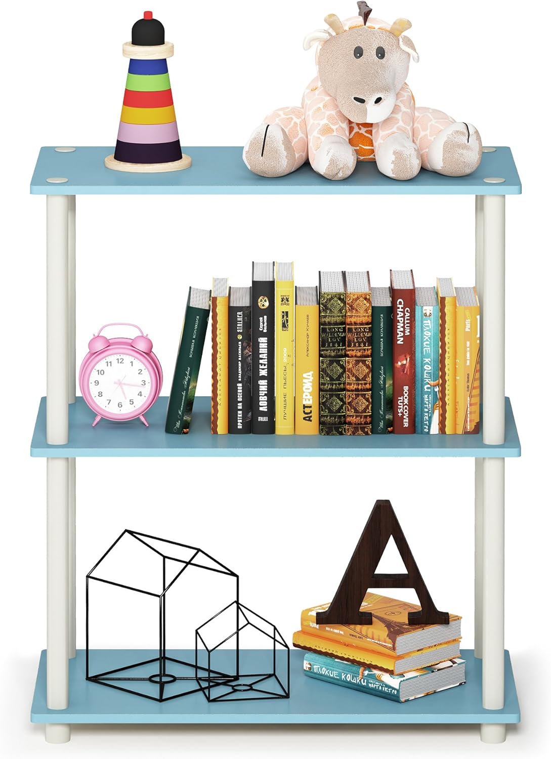 Furinno TURN-N-TUBE Storage Shelves, 3-Tier Book Shelf, Corner Shelf, Toolless Open Shelves, for Organization and Storage, Living Room, Garage, Home Office, Light Blue