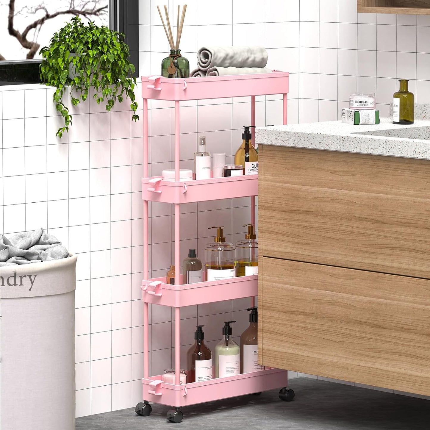 SPACEKEEPER Slim Rolling Storage Cart 4 Tier Bathroom Organizer Utility Cart Mobile Shelving Unit Tower Rack for Kitchen, Laundry Room, Bathroom, Narrow Places, Pink
