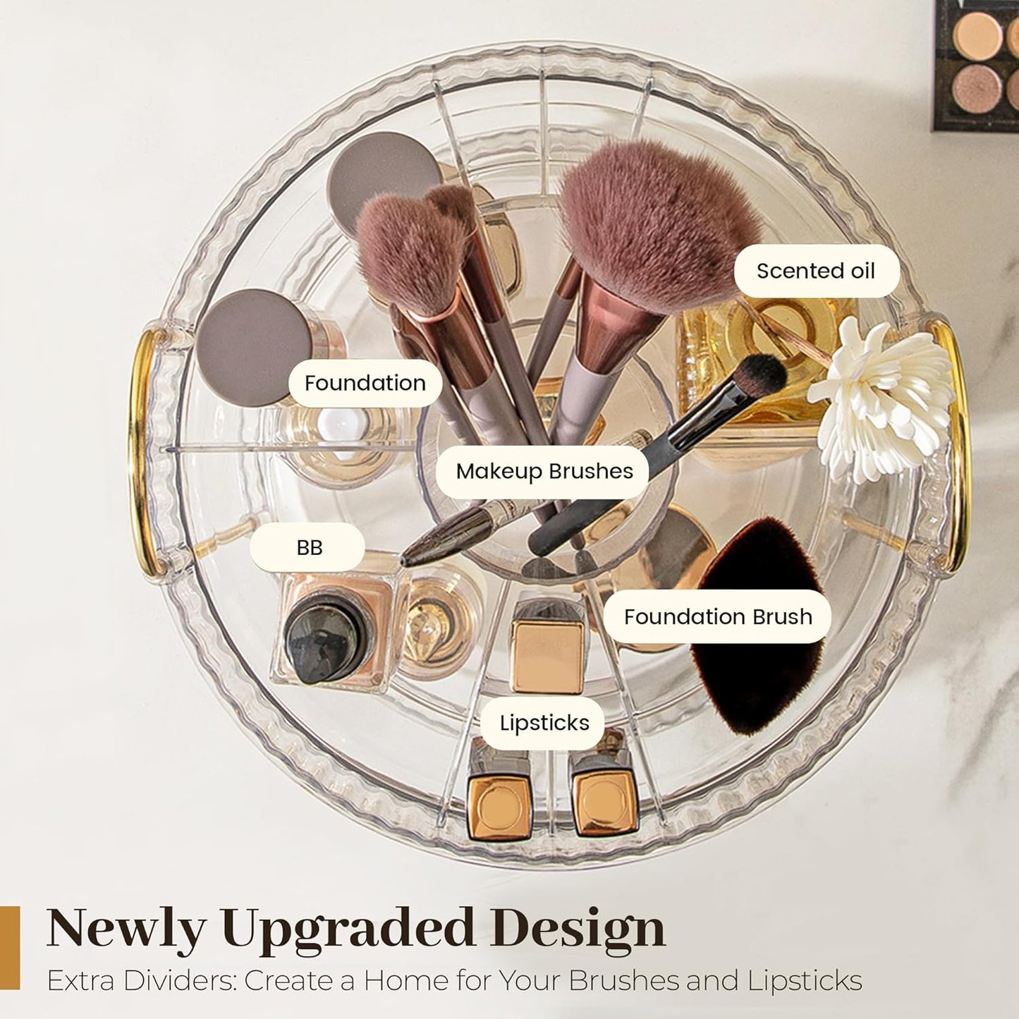 Aveniee 360 Rotating Makeup Organizer for Vanity, Perfume Storage with Brush Holder for Bathroom Countertop, 3 Tier Spinning Skincare Display Case for Lipstick Cosmetic Lotion,Green