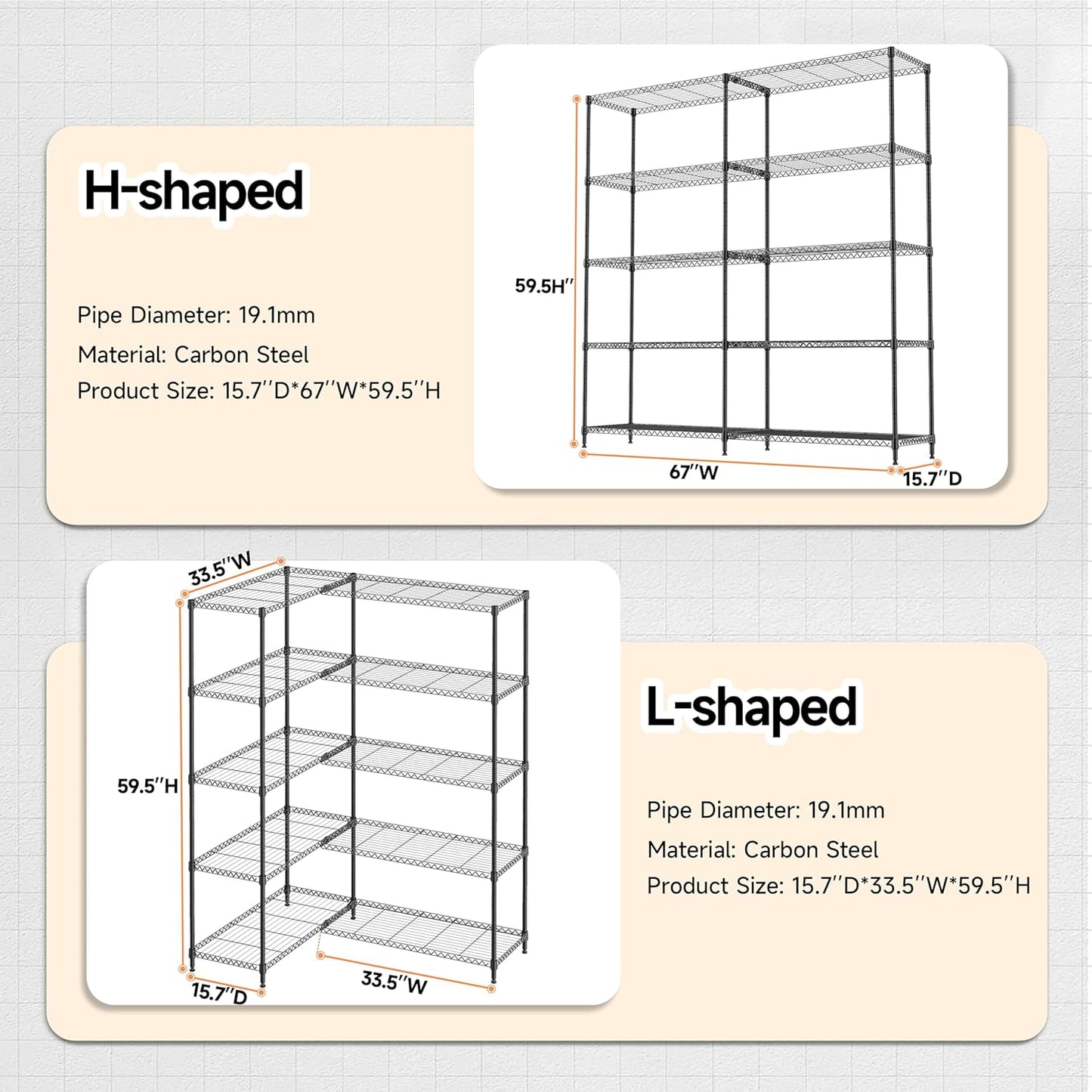 5 Tiers Storage Shelves Load 1500LBS, Metal Shelving Wire Metal Shelving Unit Shelves for Storage Adjustable Garage Shelving for Pantry Kitchen Garage Black 15.8" D x 33.5" W x 70.5" H