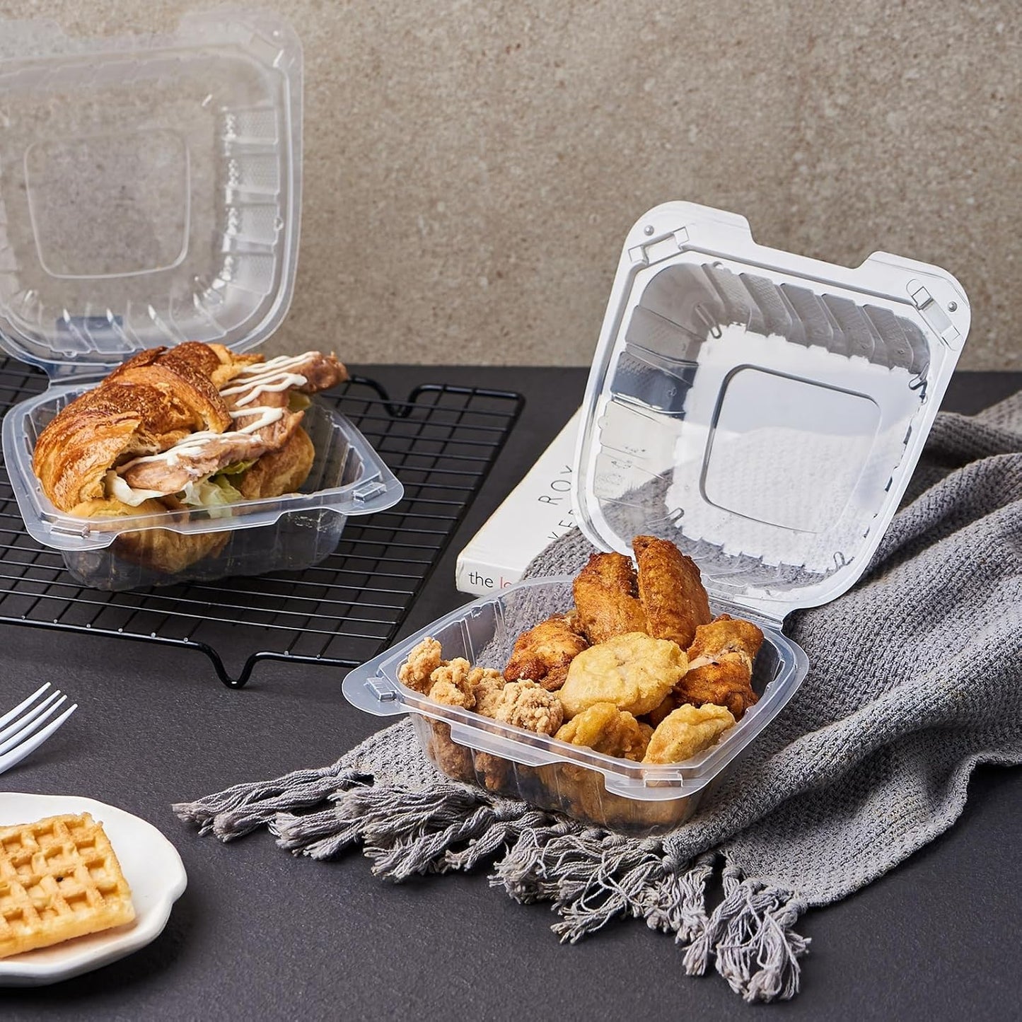 FULING 100 Count Clear Plastic Hinged Food Take Out To-Go Clamshell Containers, 6" W Disposable Takeout Tray for Dessert, Cakes, Cookies, Salads, Pasta, Sandwiches
