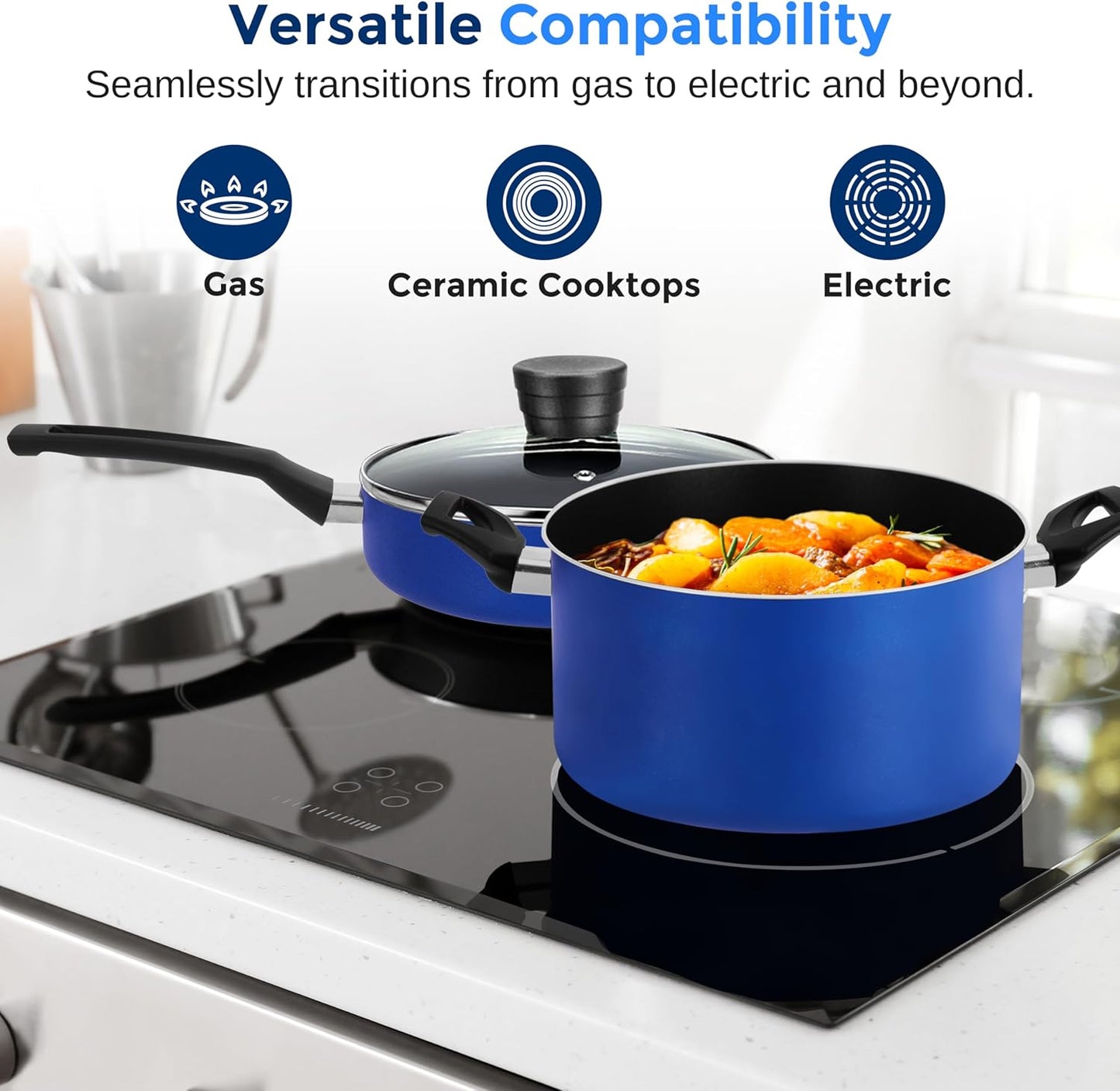 SereneLife 15-Pc Blue Nonstick Cookware Set, Heat-Resistant Pots & Pans Set with Lids, Dishwasher Safe, Includes Matching Utensils