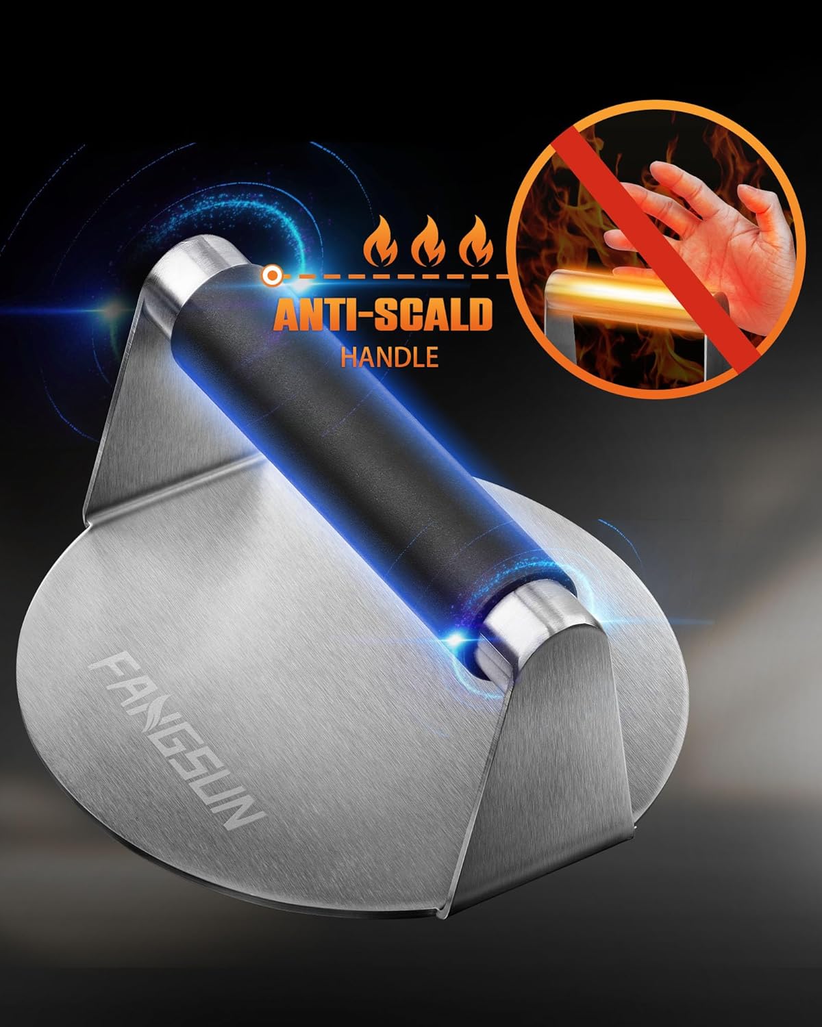 FANGSUN Burger Press with Anti-Scald Handle, 5.8 Inch Stainless Steel Burger Smasher, Round Non-Stick Hamburger Press for Griddle, Griddle Accessories Kit for Flat Grill Cooking, Gift Package