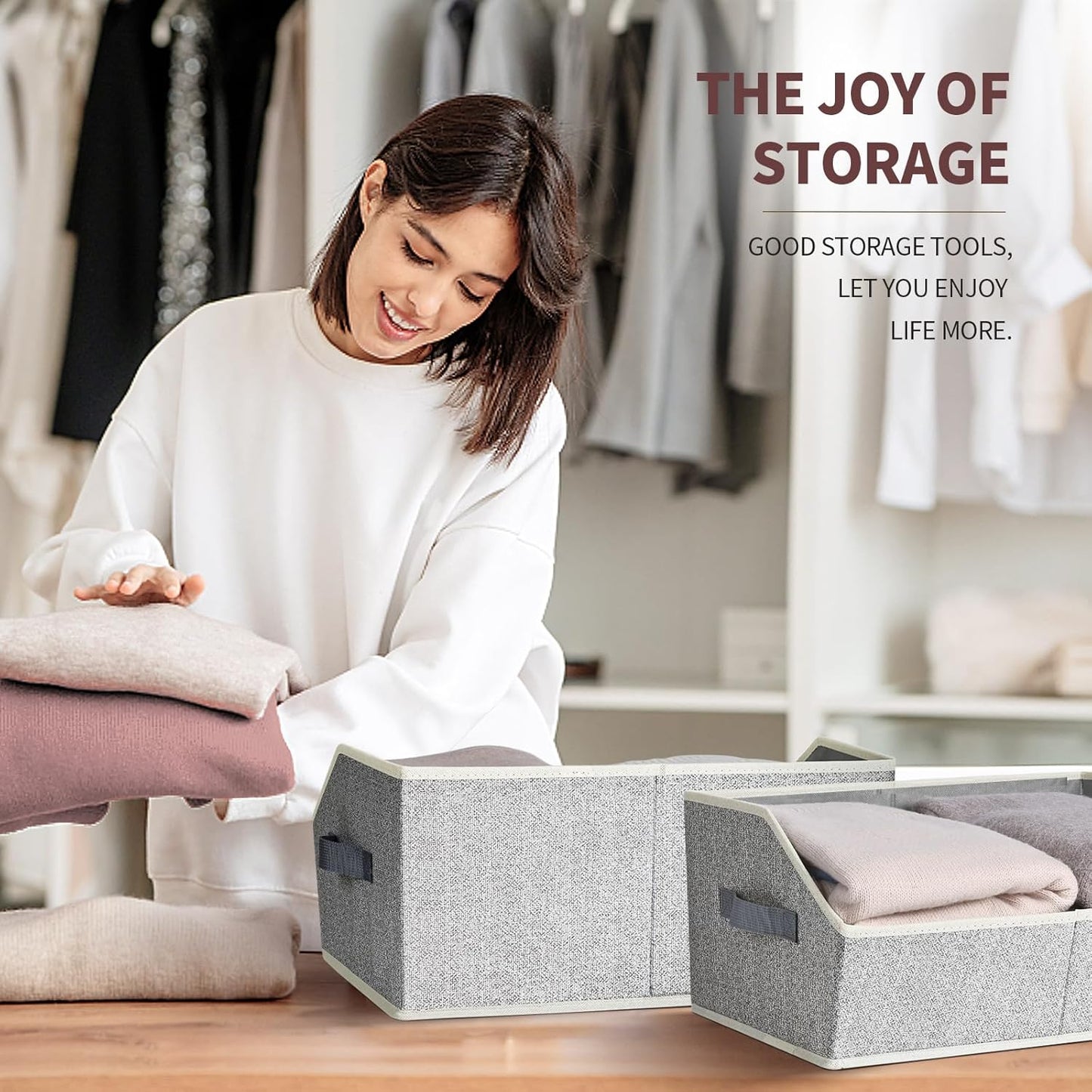 Closet Baskets for Shelves Trapezoid - Decorative Storage Baskets with Handle, Closet Bins for Organization, Shelf Storage Bins for Clothes, Books, Home, Office, 10 Pack, Light Gray