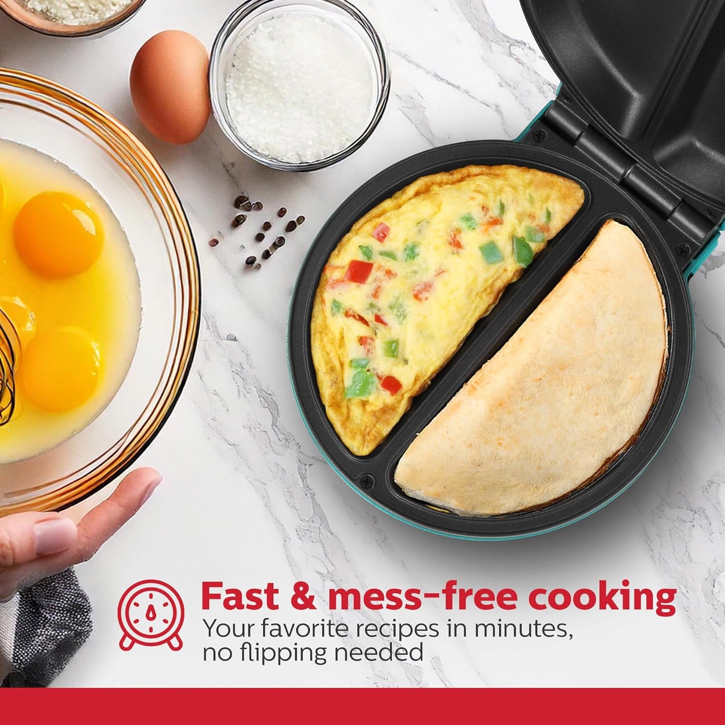 Holstein Housewares Stainless Steel 2 Section Omelet & Frittata Maker, Non Stick Coating, Easy To Clean, Indicator Lights, Compact Storage, Prepare Versatile Recipes in Minutes. 2 Portions, Teal