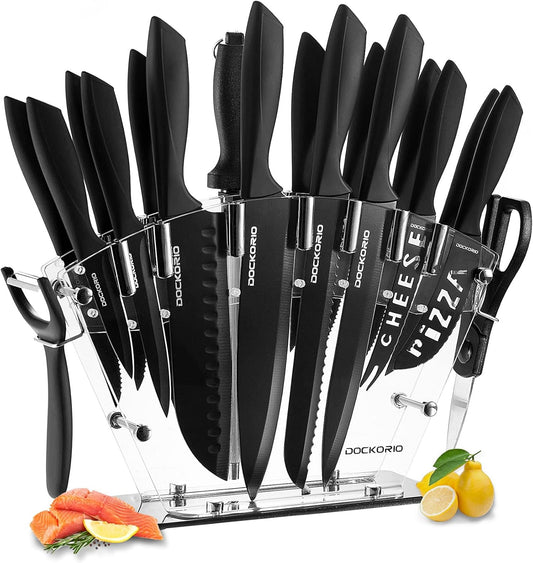 Kitchen Knife Set with Block, 19 PCS High Carbon Stainless Steel Sharp includes Serrated Steak Knives Set, Chef Knives, Bread Knife, Scissor, Sharpener, all in one