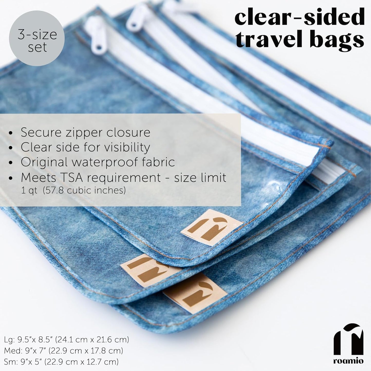 Roamio Travel Bag, Toiletry, TSA Approved Pouch, Zip Quart Size Airline Compliant, Clear-Sided, Baby, Diaper Bag Organization, Makeup, Accessories, Carry On Packing, Set of 3 Sizes, Faux Denim