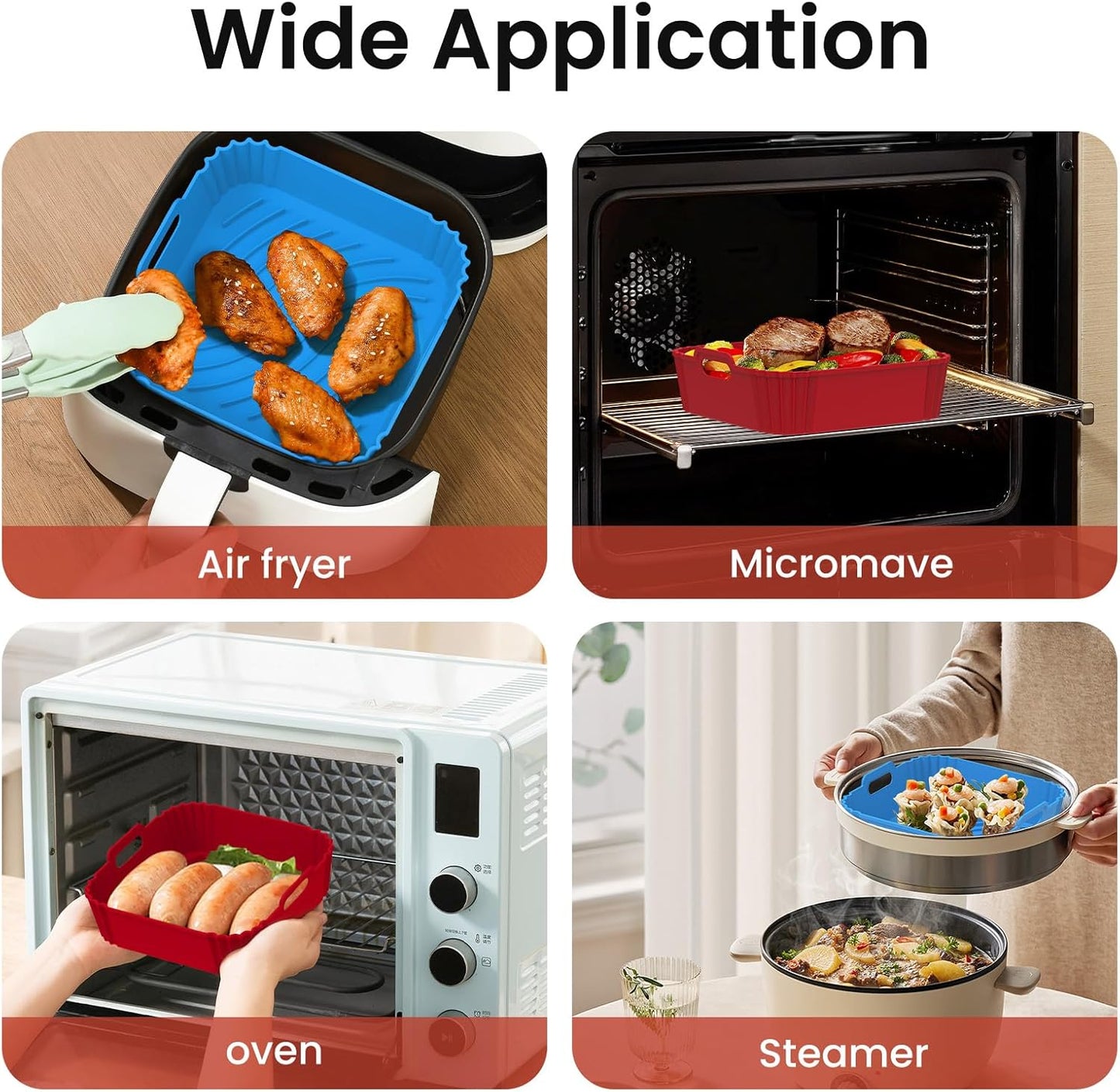 Redfly 2 Pack Silicone Air Fryer Liners, Square Reusable Non-Stick Basket Inserts for 4-5 QT Air Fryers, Dishwasher Safe Parchment Paper Replacement Accessories Red&Blue