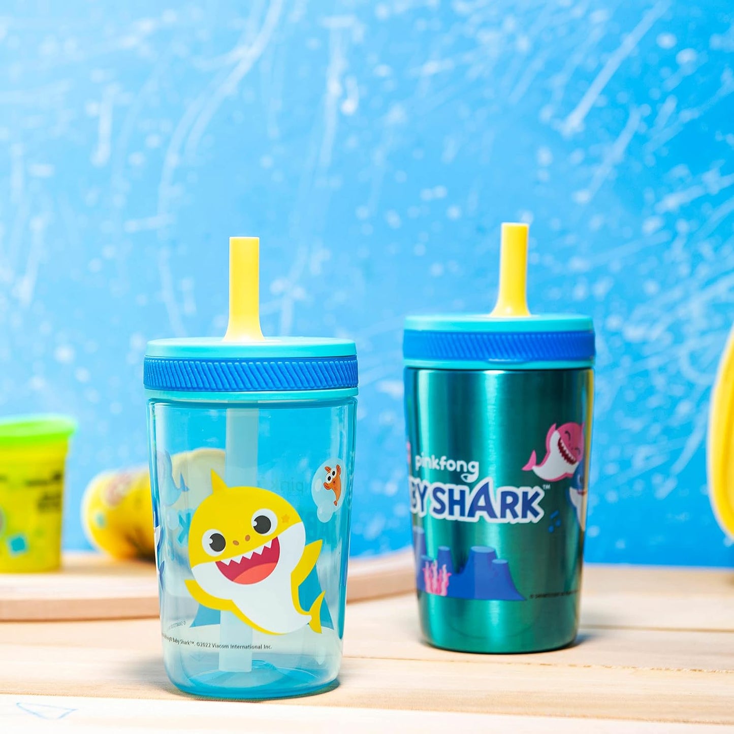 Zak Designs Baby Shark Kelso Tumbler Set, Leak-Proof Screw-On Lid with Straw, Bundle for Kids Includes Plastic and Stainless Steel Cups with Bonus Sipper (3pc Set, Non-BPA) (Pack of 12)