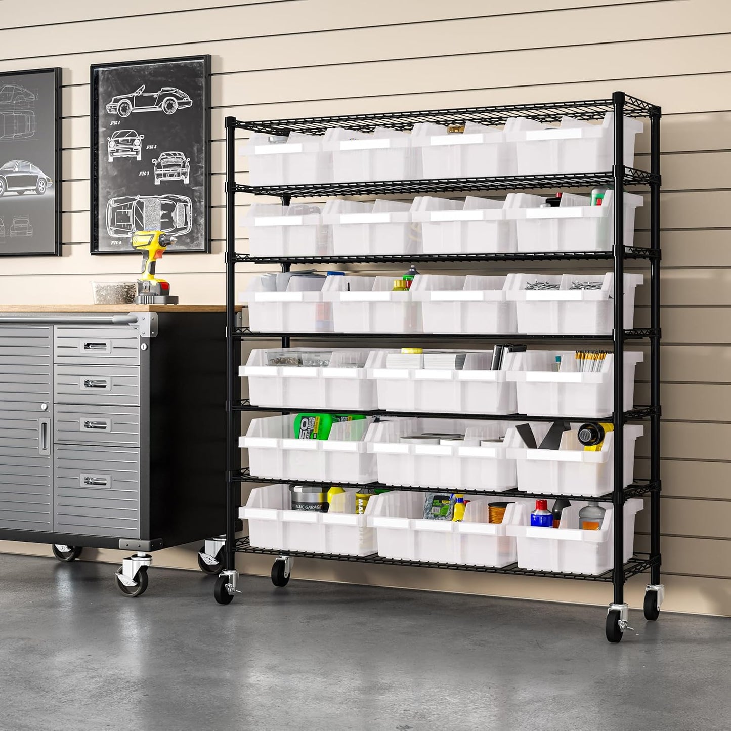 Seville Classics Heavy Duty NSF Bin Rack Solid Steel Wire Shelving Storage Unit, Patented Organizer for Garage, Warehouse, Office, Restaurant, Classroom, Kitchen, Translucent, Includes 21 Bins