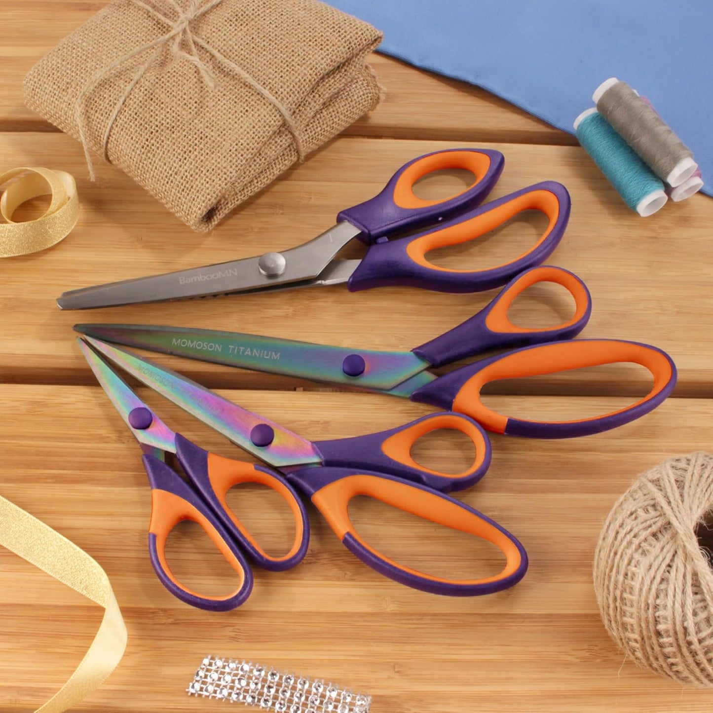 BambooMN Titanium Softgrip Scissors Set - Pinking, Sewing, Arts, Crafts, Office - 10 Sets of 4 - Purple w/Orange