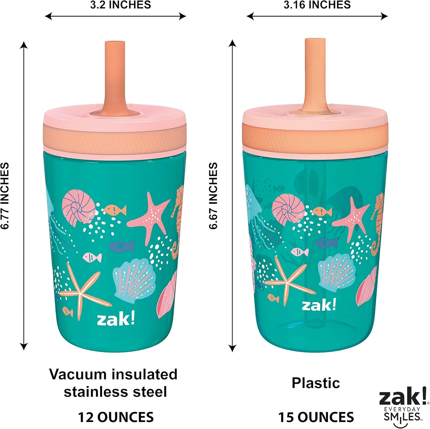 Zak Designs Shells Kelso Tumbler Set, Leak-Proof Screw-On Lid with Straw, Bundle for Kids Includes Plastic and Stainless Steel Cups with Bonus Sipper (3pc Set, Non-BPA) (Pack of 12)