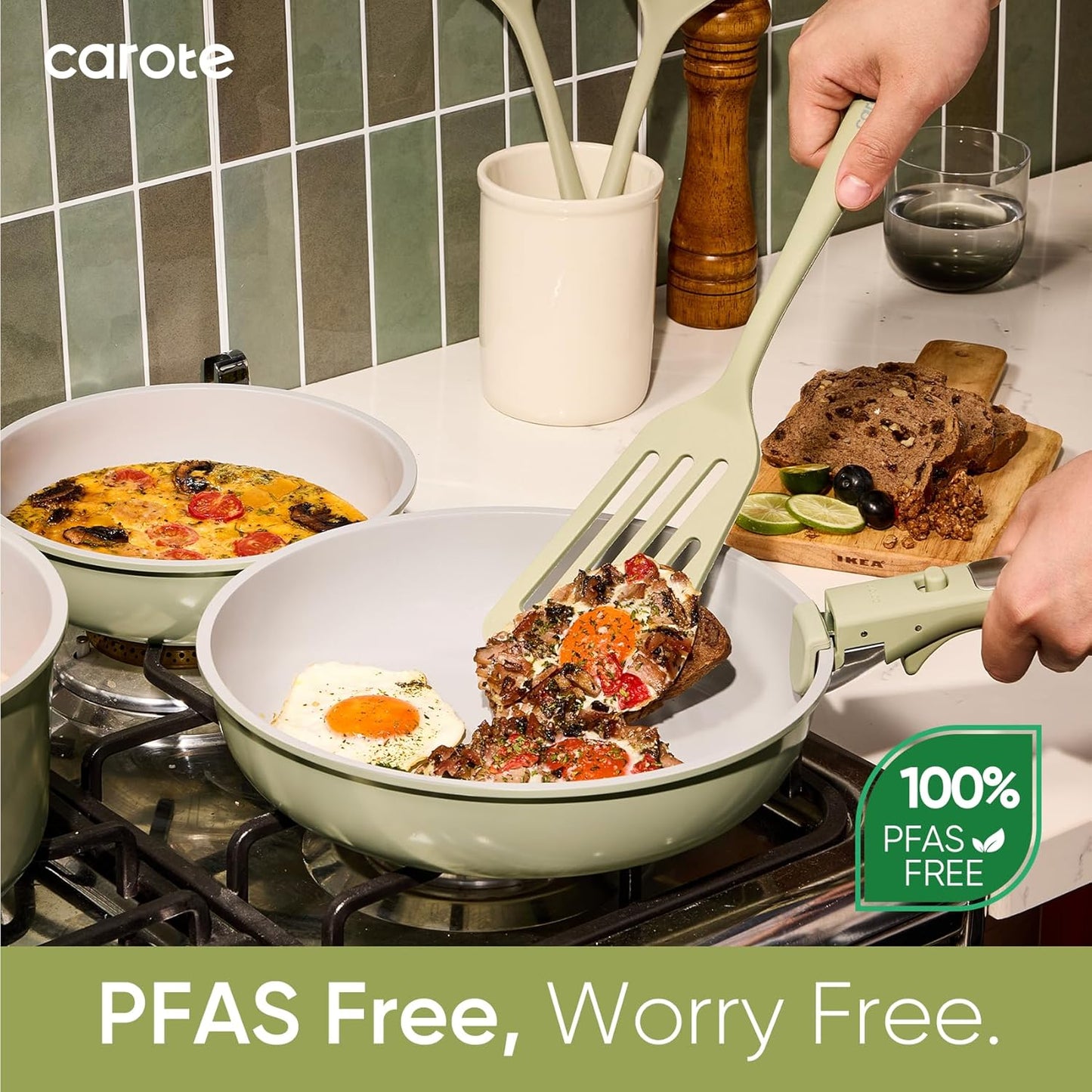 CAROTE 27pcs Ceramic Cookware Set Nonstick, Pots and Pans Set Non stick, Non Toxic Cookware, Dishwasher/Oven Safe, RV/Camping Cookware Set, Pan and Pot with Kitchen Utensils, Green