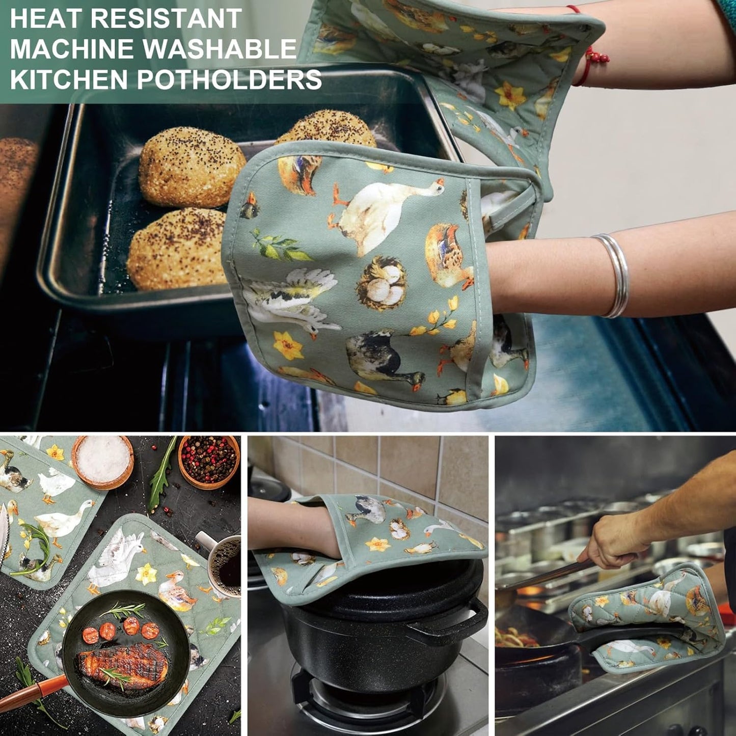 Pot Holders Set of 2 Heat Resistant 480℉ Kitchen 100% Cotton Comfortable Lining Printing Teal Flower Women Men Home Cooking Baking Microwave BBQ Gift (Teal potholders)