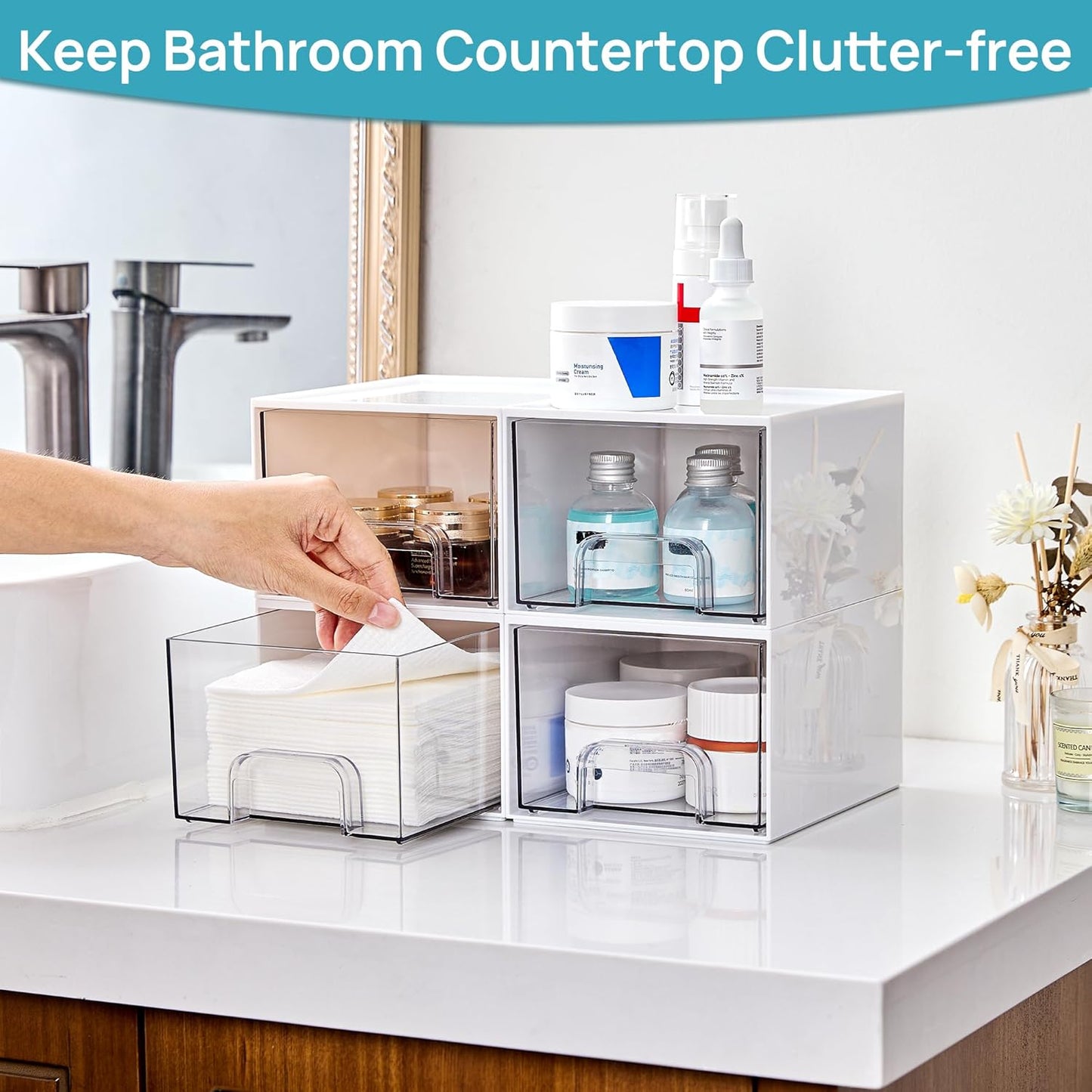 Vtopmart 4Pack Small Stackable Storage Drawers, Bathroom Makeup Organizer,Plastic Storage Bins For Vanity, Undersink, Kitchen Cabinets, Pantry, Home Organization(White)