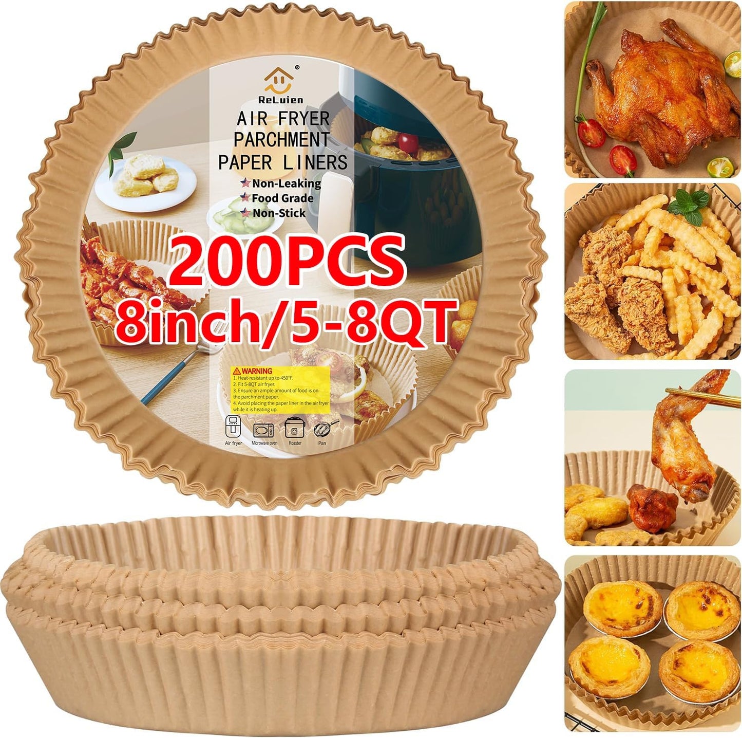 Air Fryer Liners Disposable, 200PCS Non-stick Oil Resistant Air Fryer Parchment Paper Liners, 8 Inch Air Fryer Liners, Round Airfryer Liners for 5-8QT Air fryer, Baking, Roasting Microwave