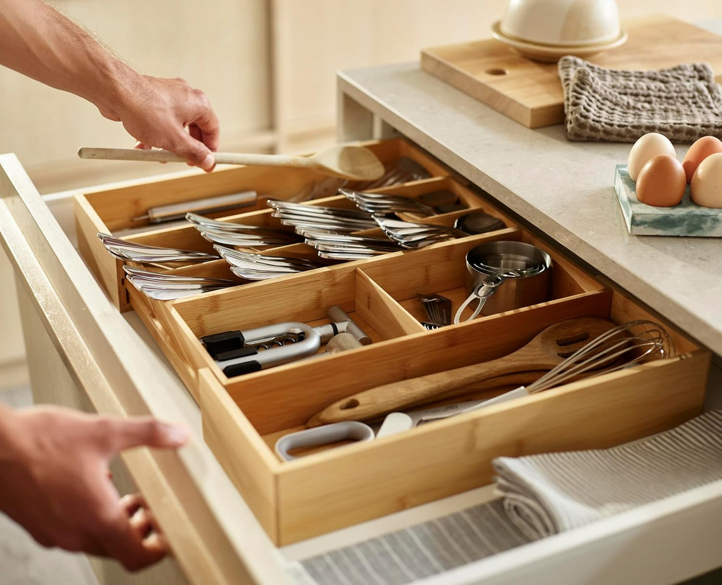 Joseph Joseph DrawerStore Expanding Silverware, Flatware, Utensil & Gadgets Organizer, Expandable in Drawer Space Saving Tray, Bamboo