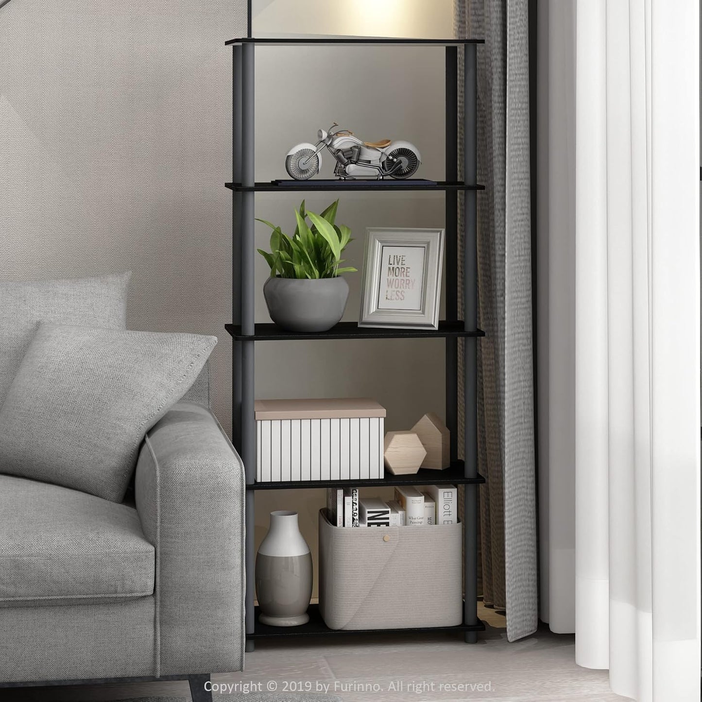 Furinno TURN-N-TUBE Storage Shelves, 5-Tier Book Shelf, Corner Shelf, Toolless Open Shelves, for Organization and Storage, Living Room, Garage, Home Office, Black