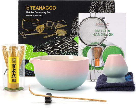 TEANAGOO Matcha Whisk Set Pink,Ceremony Matcha Set Kit Grident Pink,Matcha Tea Set for Making Breakfast/Latte,7 Pcs Matcha Whisk Set and Bowl with All Accessories,Gift for Family/Friend