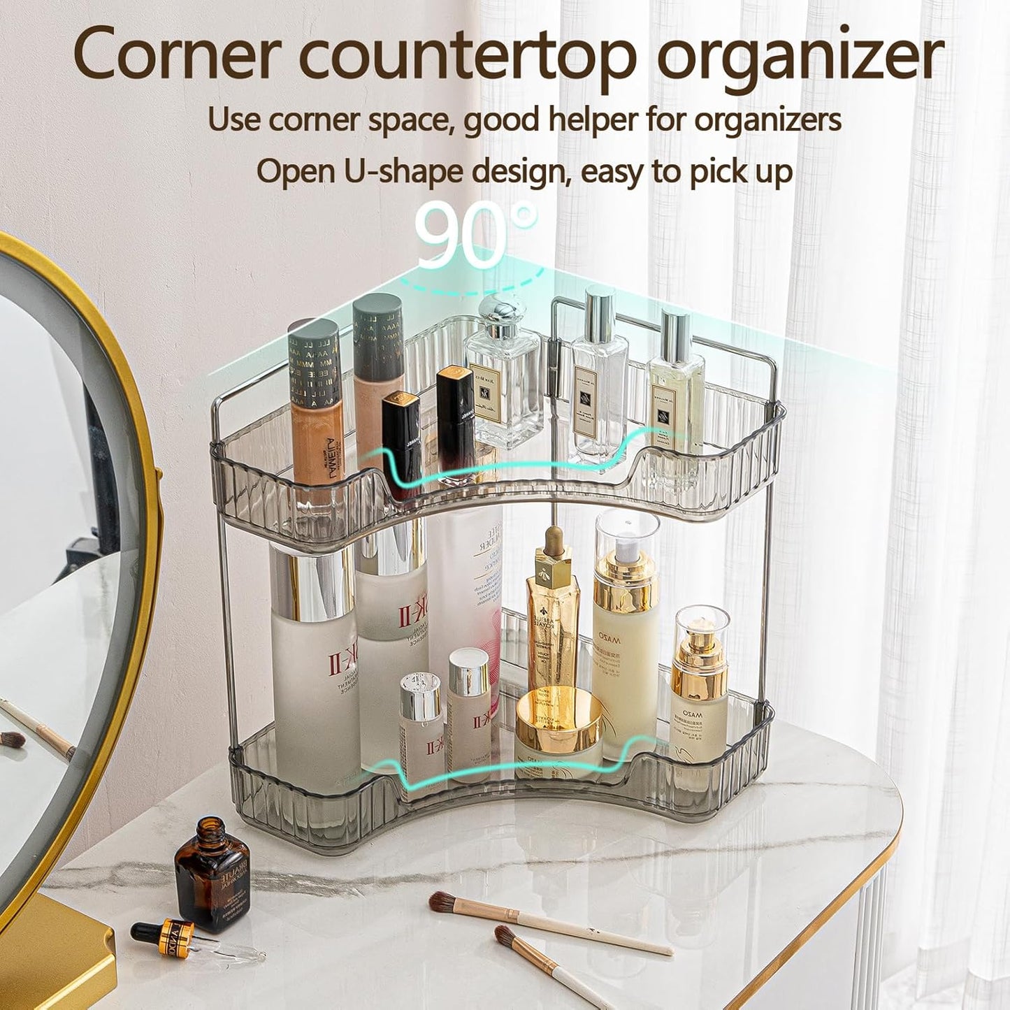 2-Tier Corner Bathroom Counter Organizer – Classic Storage Shelf for Makeup, Perfume & Toiletries, Space-Saving Countertop Tray Fits Bathroom, Dresser, Kitchen (Slate Gray)
