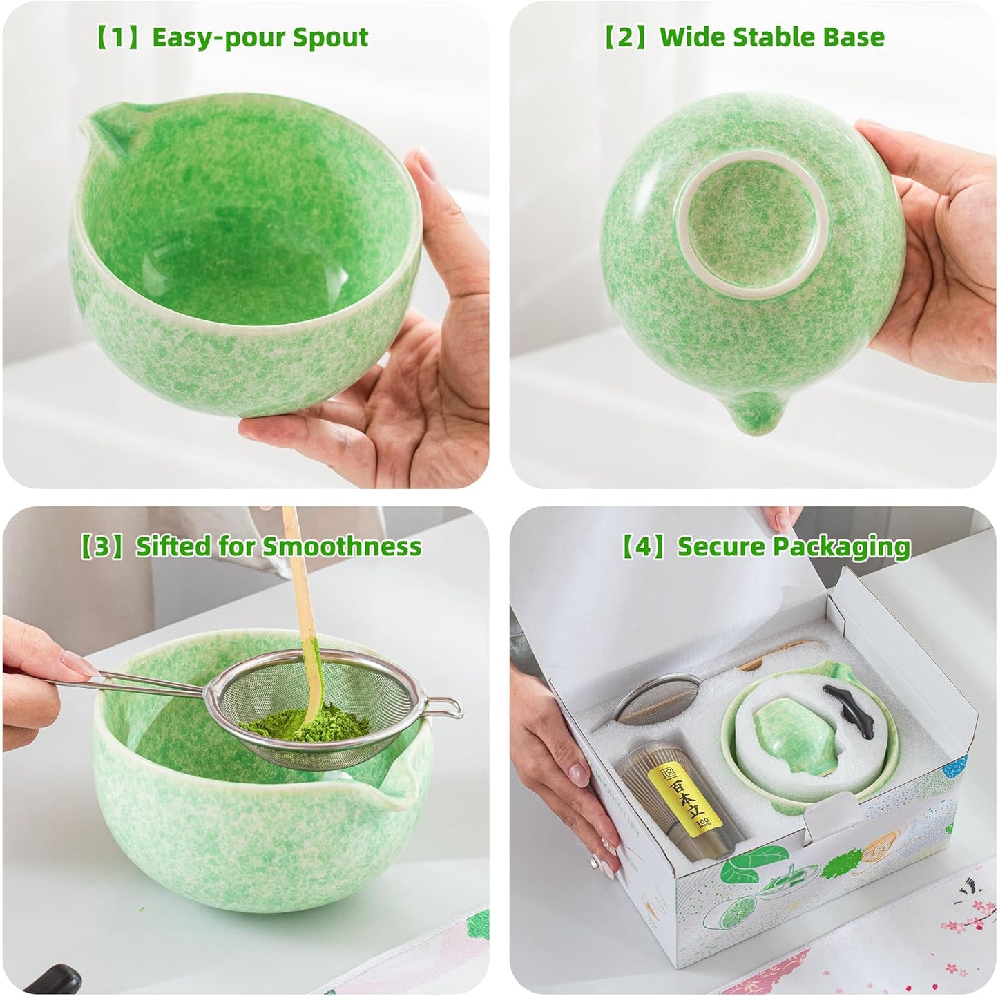 TEANAGOO Matcha Whisk Set,7 Pcs Matcha Set Green,Ceremony Matcha Kit,Matcha Tea Set for Making Latte,Ceramic Bowl(chawan) whith Spout and Whisk,Gift for Matcha Lovers