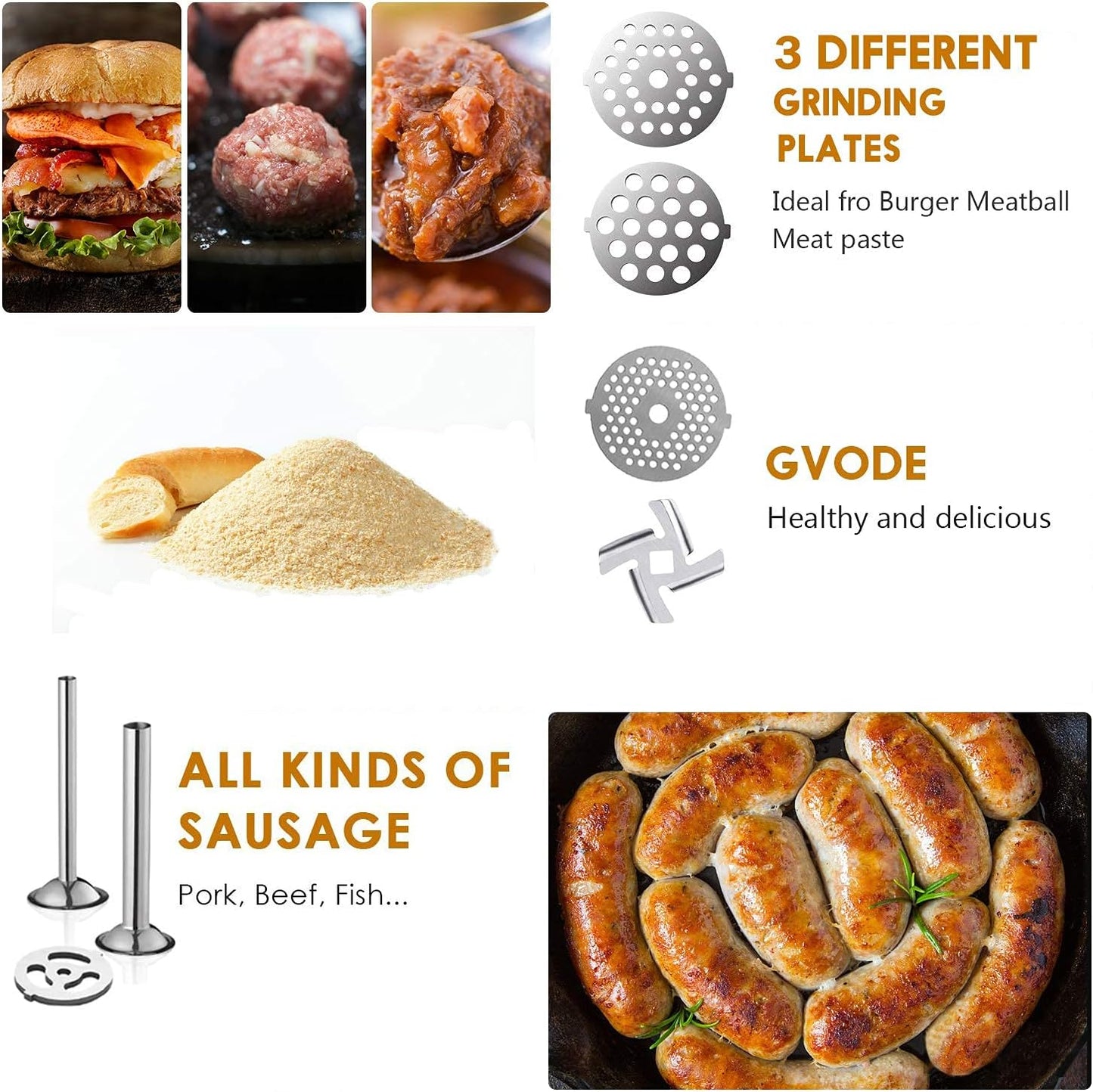 GVODE Stainless Steel Meat Grinder Attachment for KitchenAid Stand Mixer, Meat Grinder for KitchenAid Includes 4 Grinding Plates & 3 Sausage Tubes, Dishwasher-Safe Design with Sausage Stuffer Kit