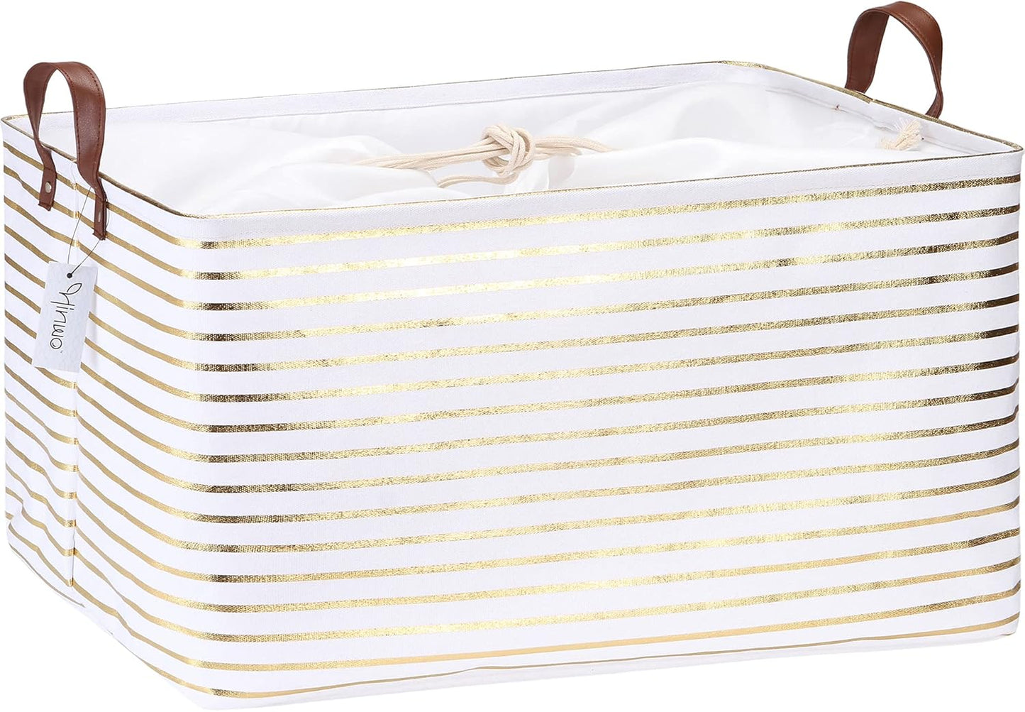 Hinwo 70L Extra Large Storage Bins, Closet Organizers and Storage, Foldable Clothes Storage Baskets with Handles, Containers for Clothing, Blanket, Comforters, Toys, Bedding (Gold Stripe)