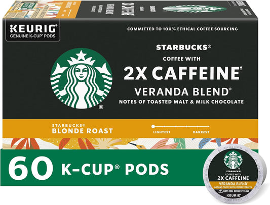 Starbucks K-Cup Coffee Pods, Starbucks Blonde Roast Coffee With 2X Caffeine Veranda Blend For Keurig Brewers, 100% Arabica, 6 Boxes (60 Pods Total)