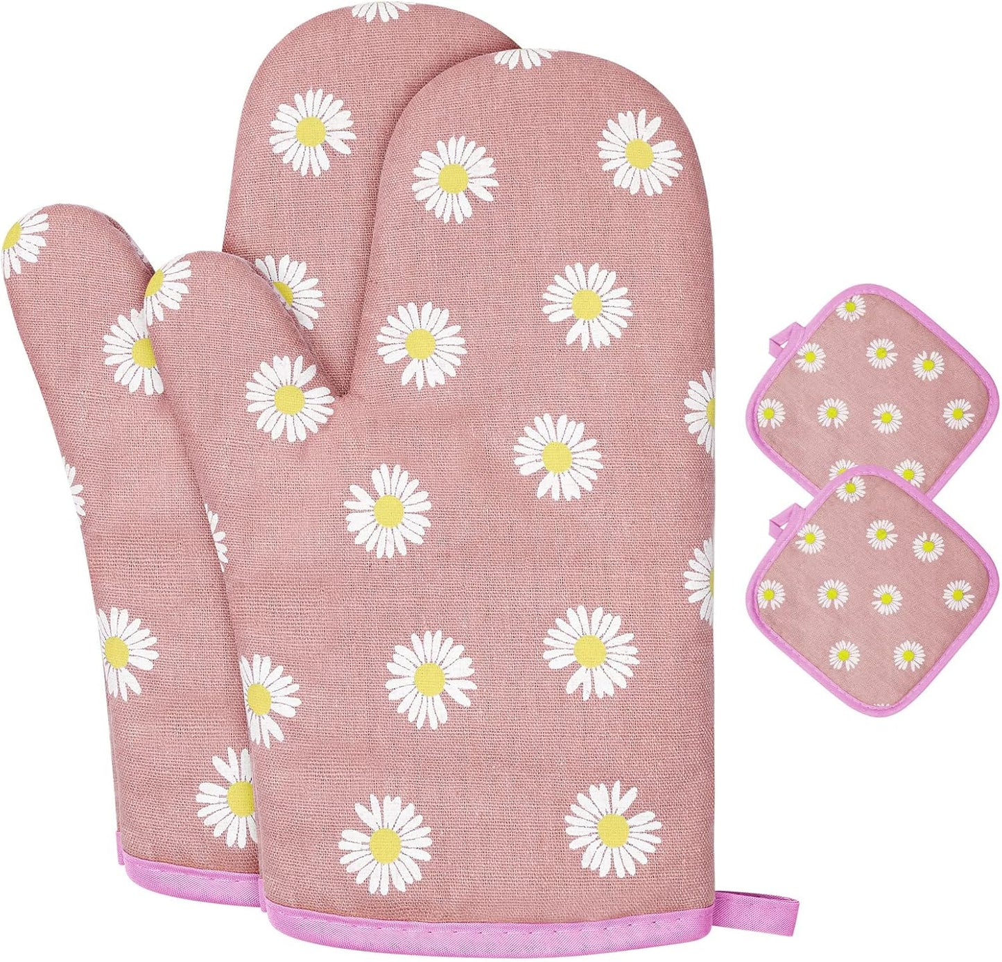 AUAUY Oven Mitts and Potholders, BBQ Gloves Heat Resistant, 1 Pair Oven Mitts and 2 Pot Holders, Cotton Non-Slip Cooking Gloves for Cooking Baking Kitchen Microwave Pizza(Daisy-Pink)