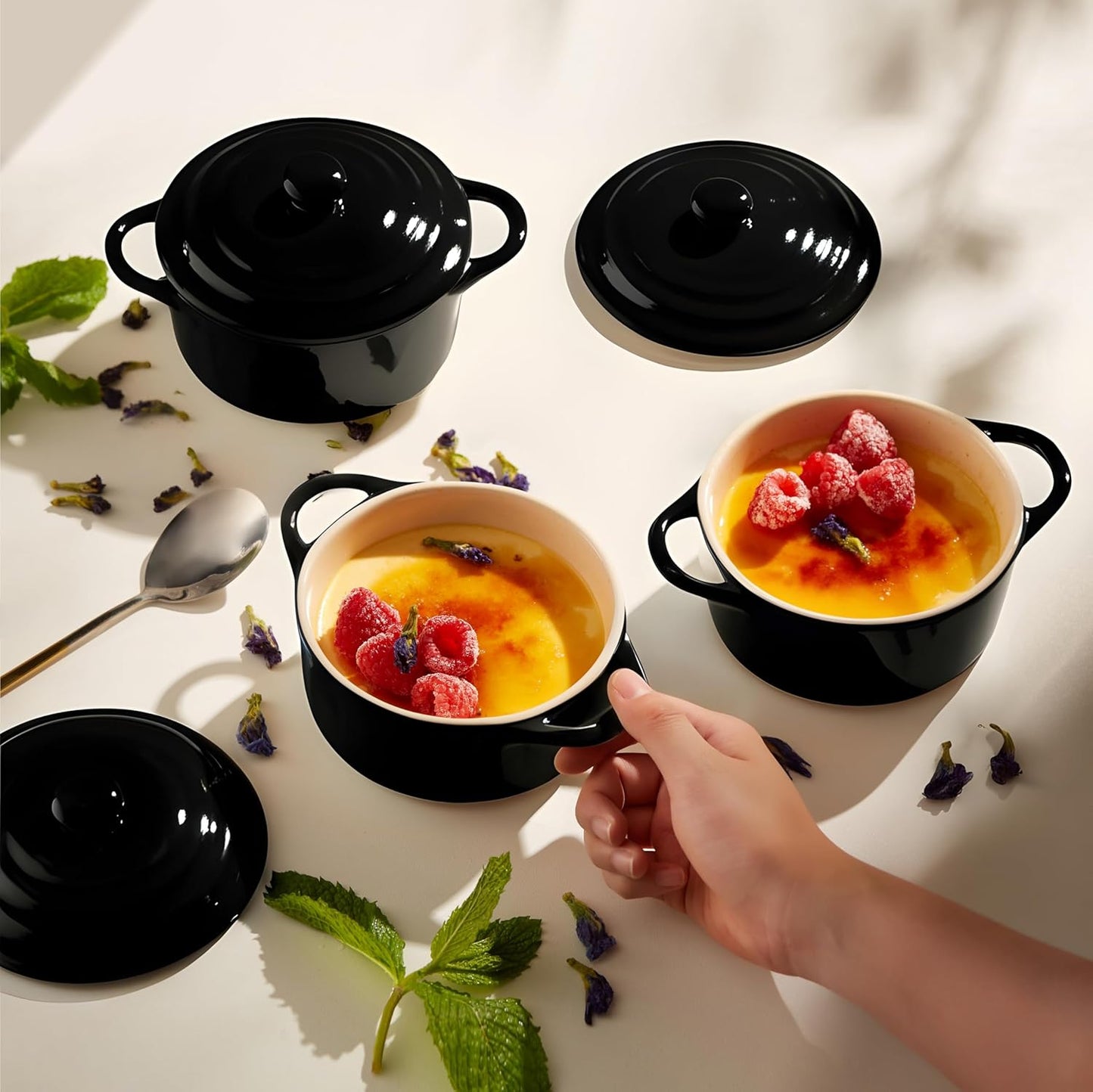 Kook Ceramic Mini Cocotte Set, Small Casserole Dishes with Lids and Handles, Individual Baking Ramekins, Oven, Microwave & Dishwasher Safe, Stoneware, 12 oz, Set of 4 (Black)